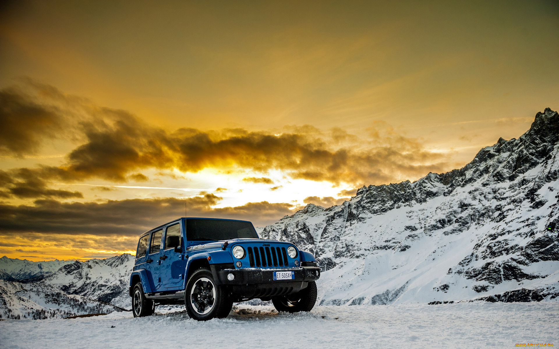автомобили, jeep, закат, снег, синий