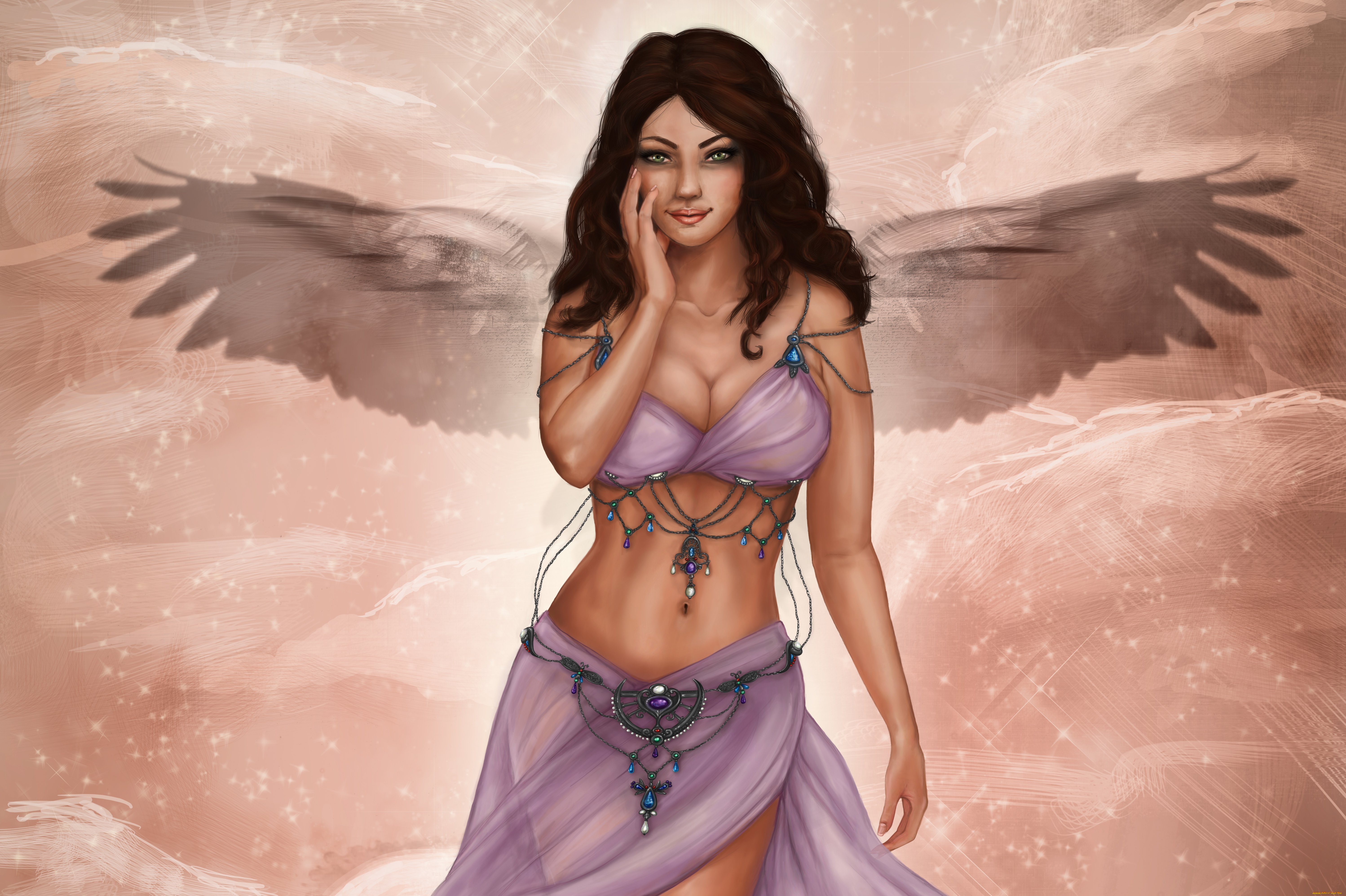 ангел, фэнтези, ангелы, взгляд, лицо, крылья, рука, костюм, грудь, девушка