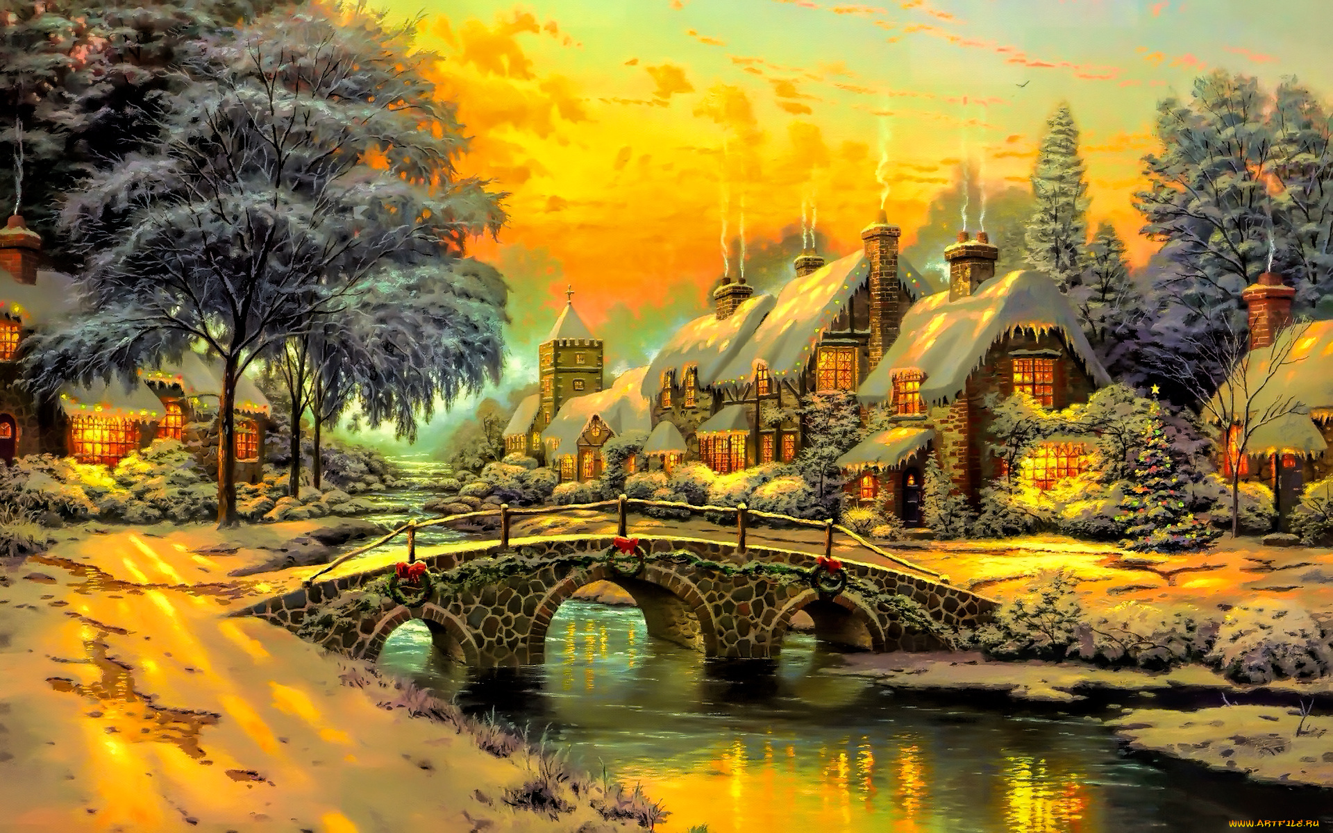 рисованное, города, зима, дома, снег, ночь, огни, река, мост, пейзаж
