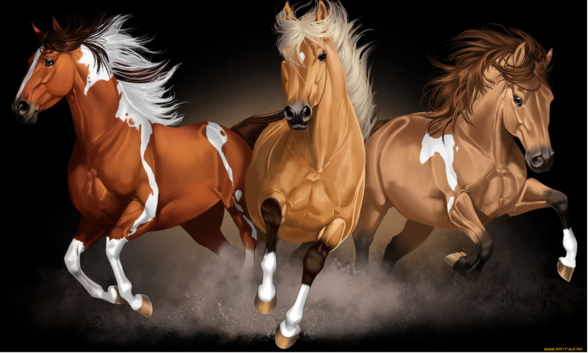 рисованное, животные, , лошади, кони, пыль, скакуны, лошади