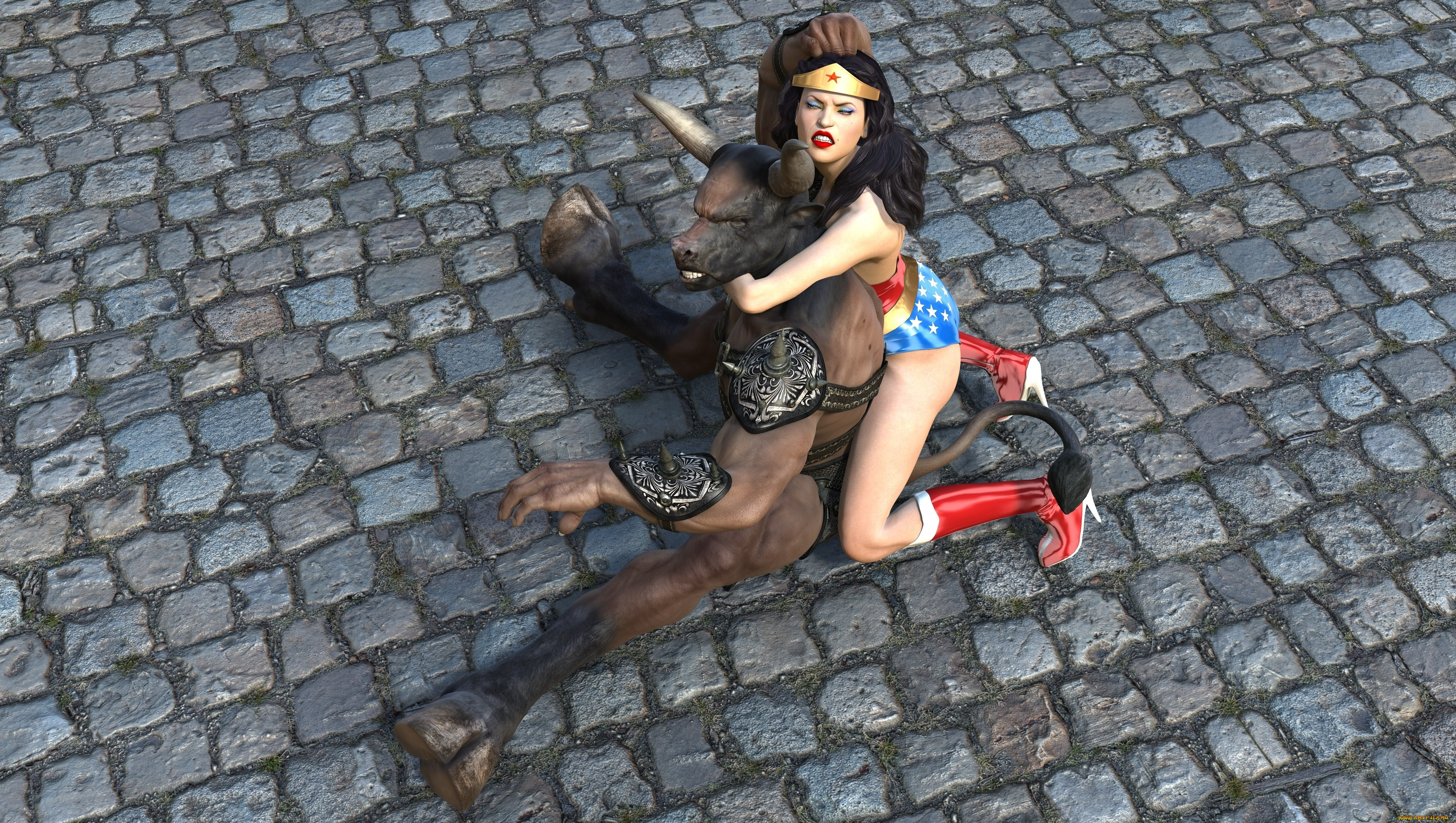 wonder, woman, fights, the, minotaur, 3д, графика, фантазия, , fantasy, девушка, взгляд, фон, борьба, минотавр