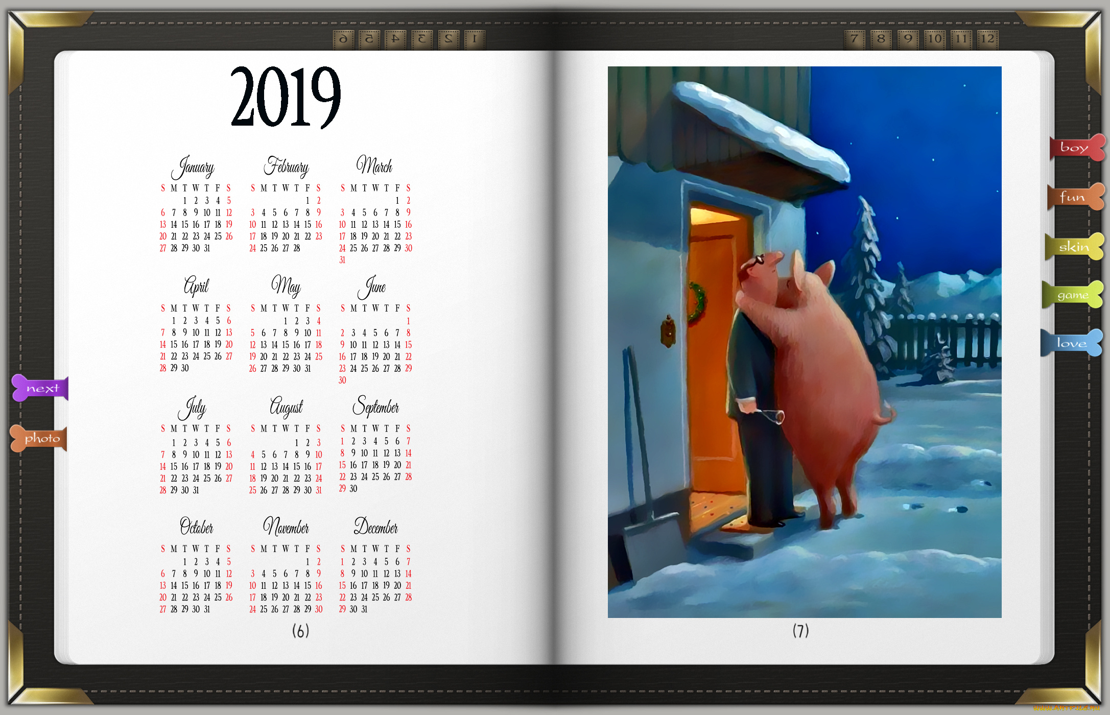 календари, рисованные, , векторная, графика, мужчина, поросенок, дом, свинья, снег