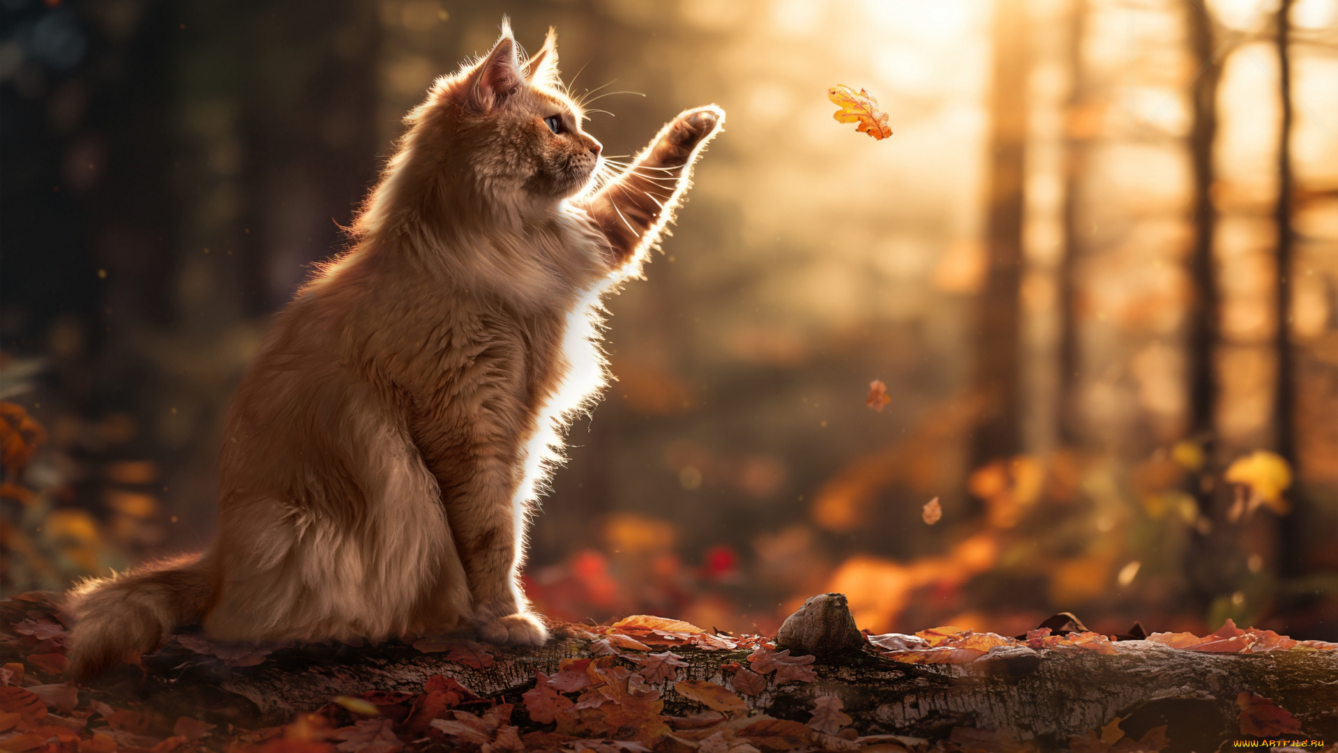 животные, коты, осень, кошка, лист, лапка