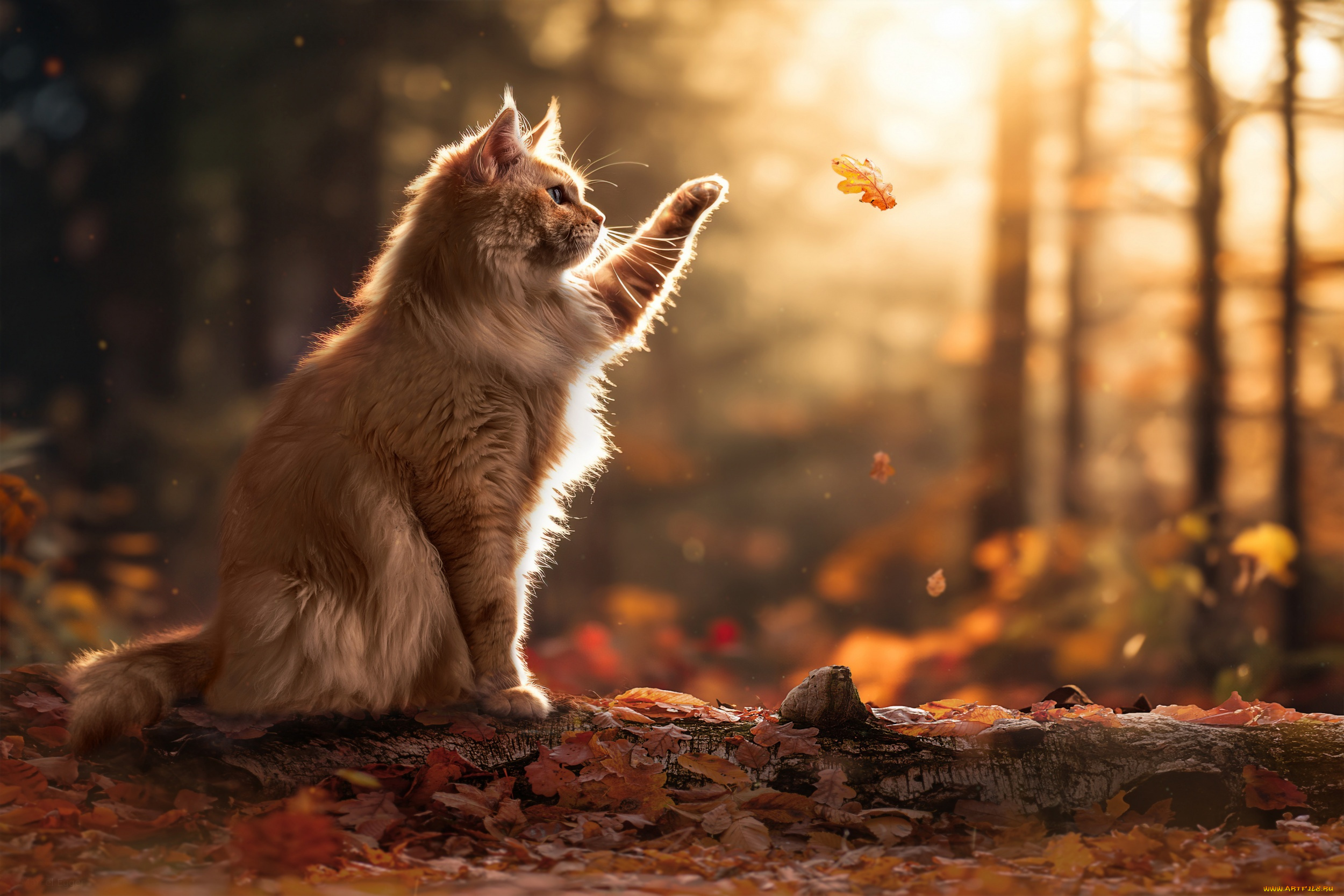 животные, коты, осень, кошка, лист, лапка