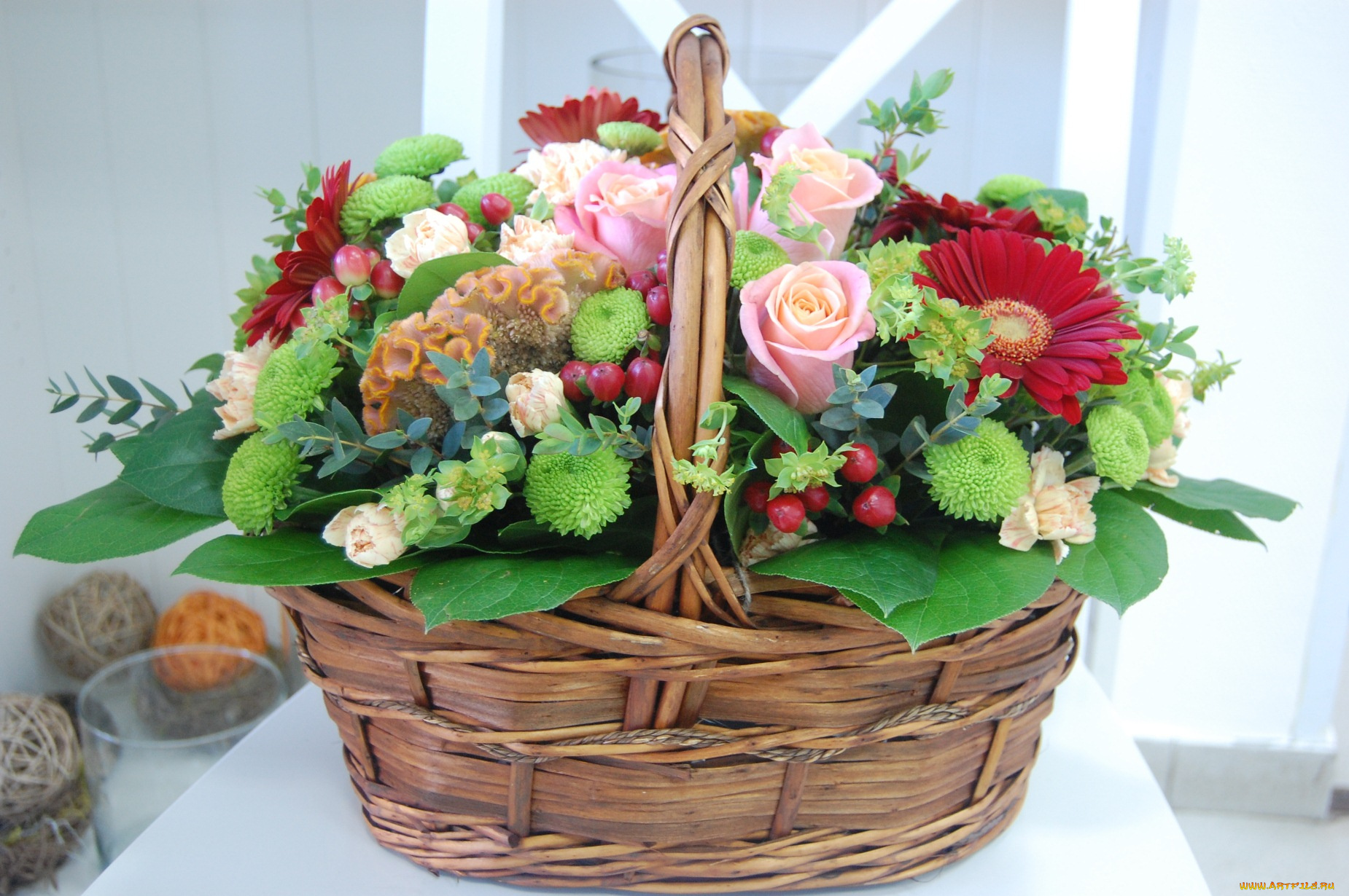 цветы, букеты, композиции, корзина, герберы, хризантемы, розы
