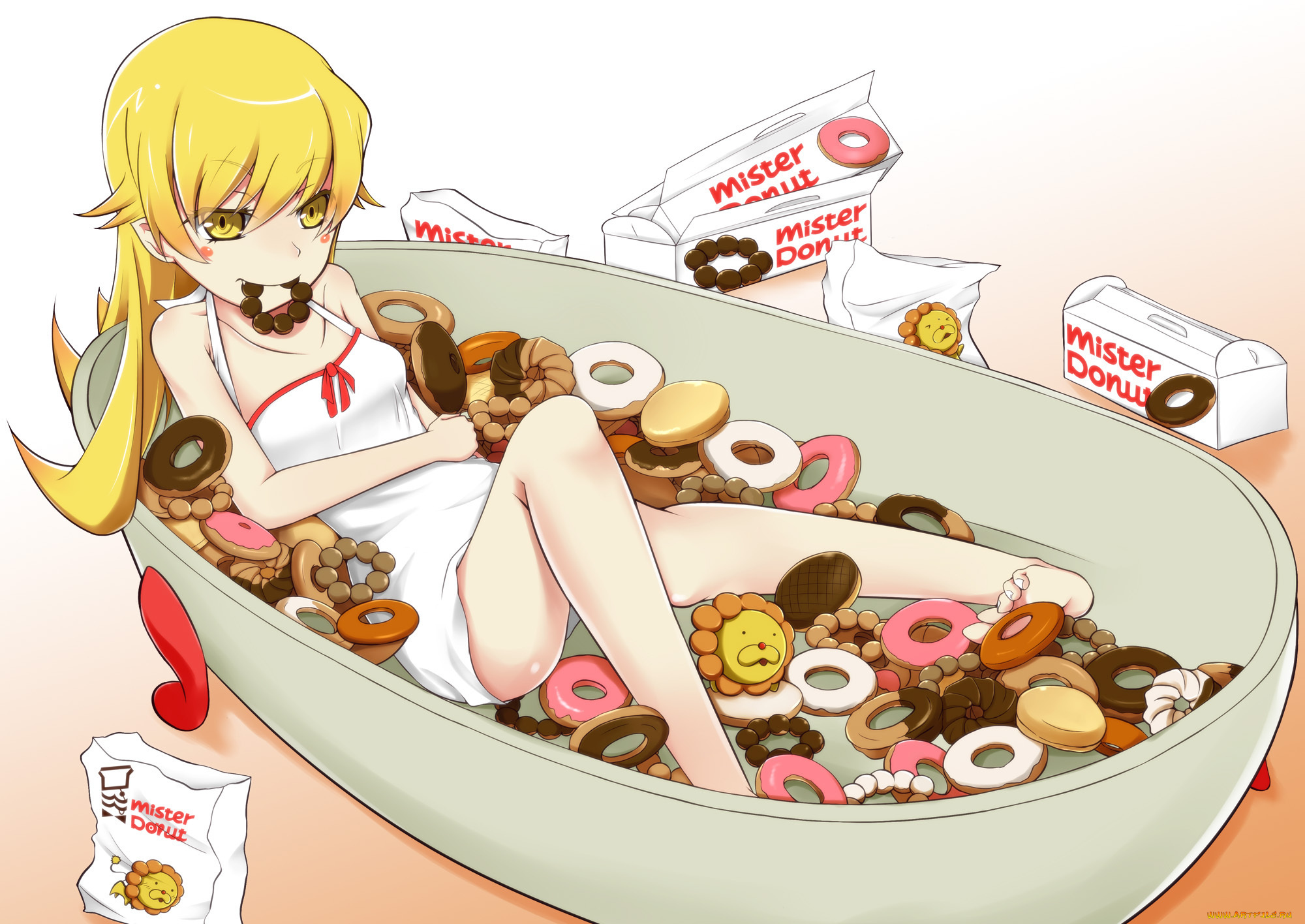 аниме, bakemonogatari, желтые, волосы, ванна, пончики, oshino, shinobu, девушка, еда