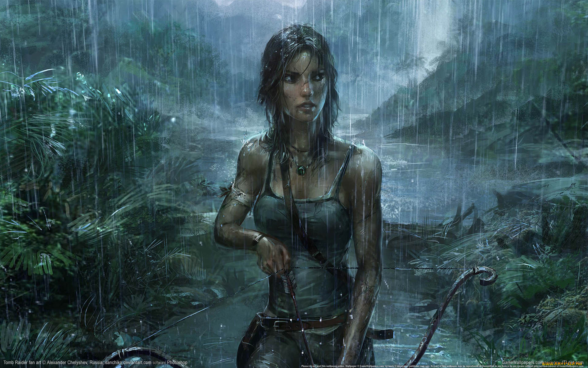 tomb, raider, 2013, видео, игры, дождь, джунгли, лук, фан-арт