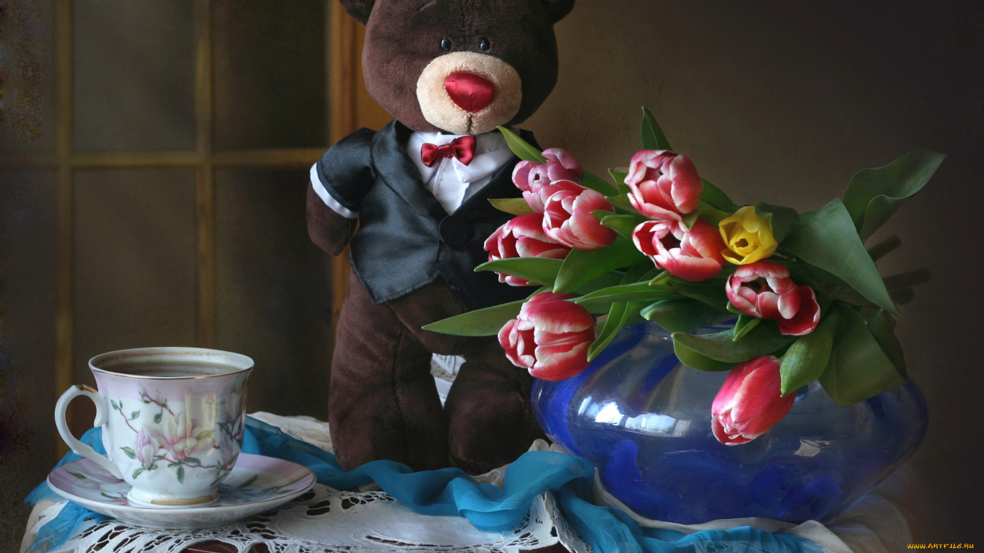 цветы, тюльпаны, мишка, чашка, букет