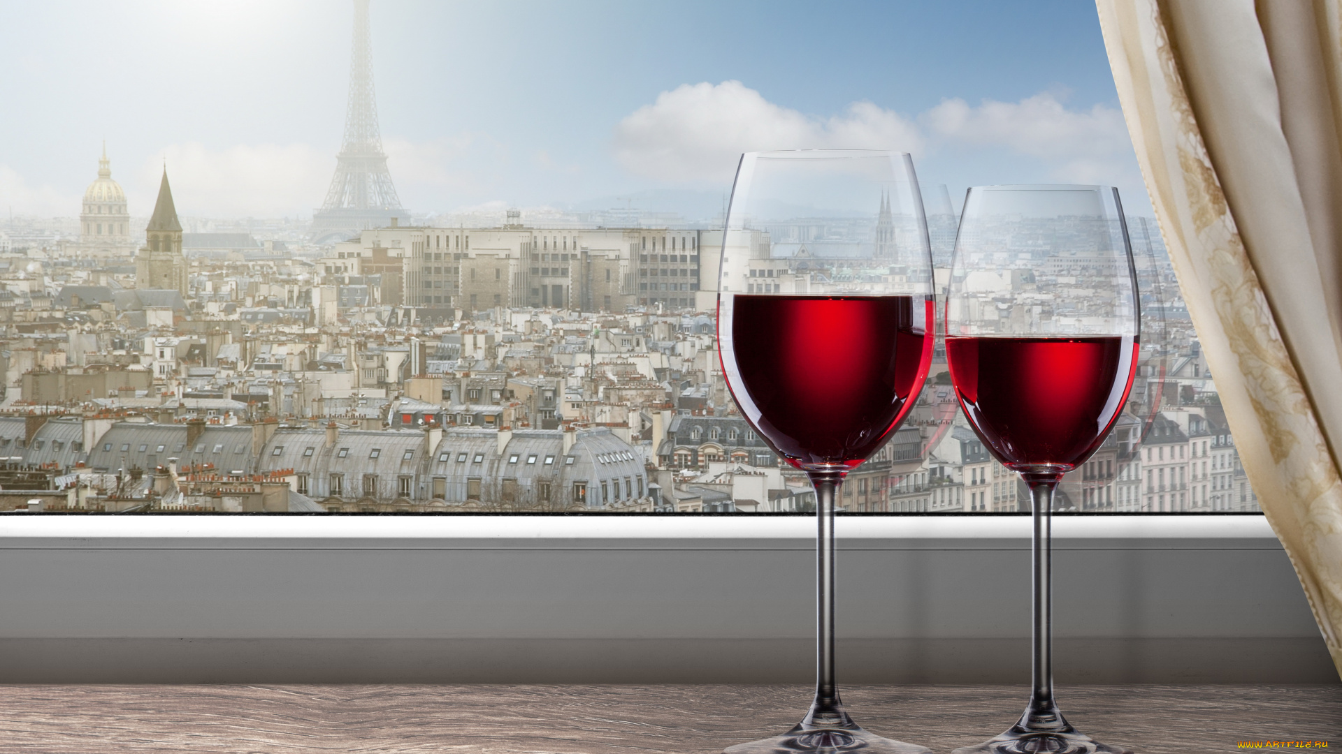 еда, напитки, , вино, окно, город, париж, эйфелева, башня, подоконник, вино, красное, бокалы, занавеска, облака