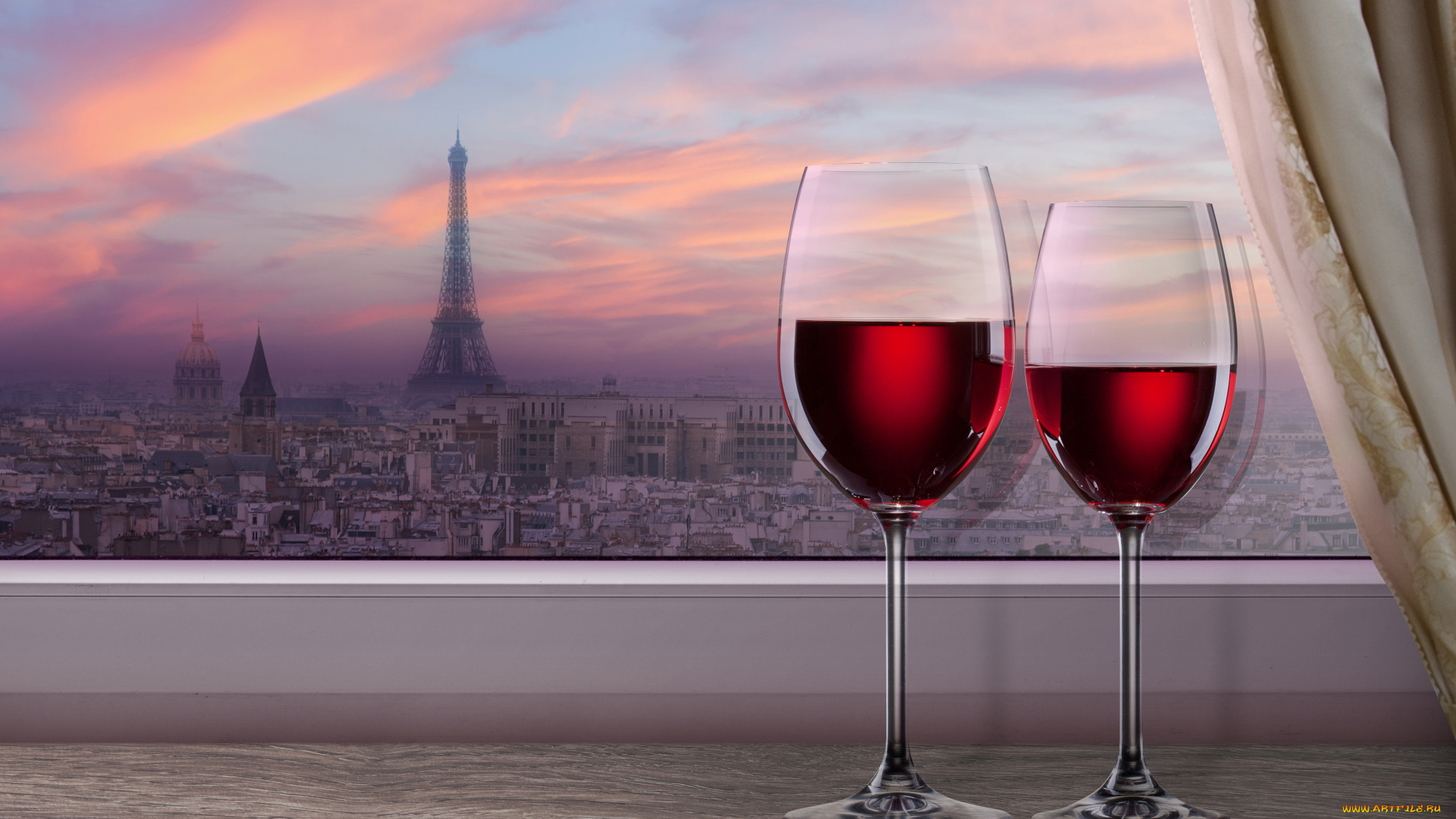 еда, напитки, , вино, окно, город, париж, эйфелева, башня, подоконник, вино, красное, бокалы, занавеска, вечер