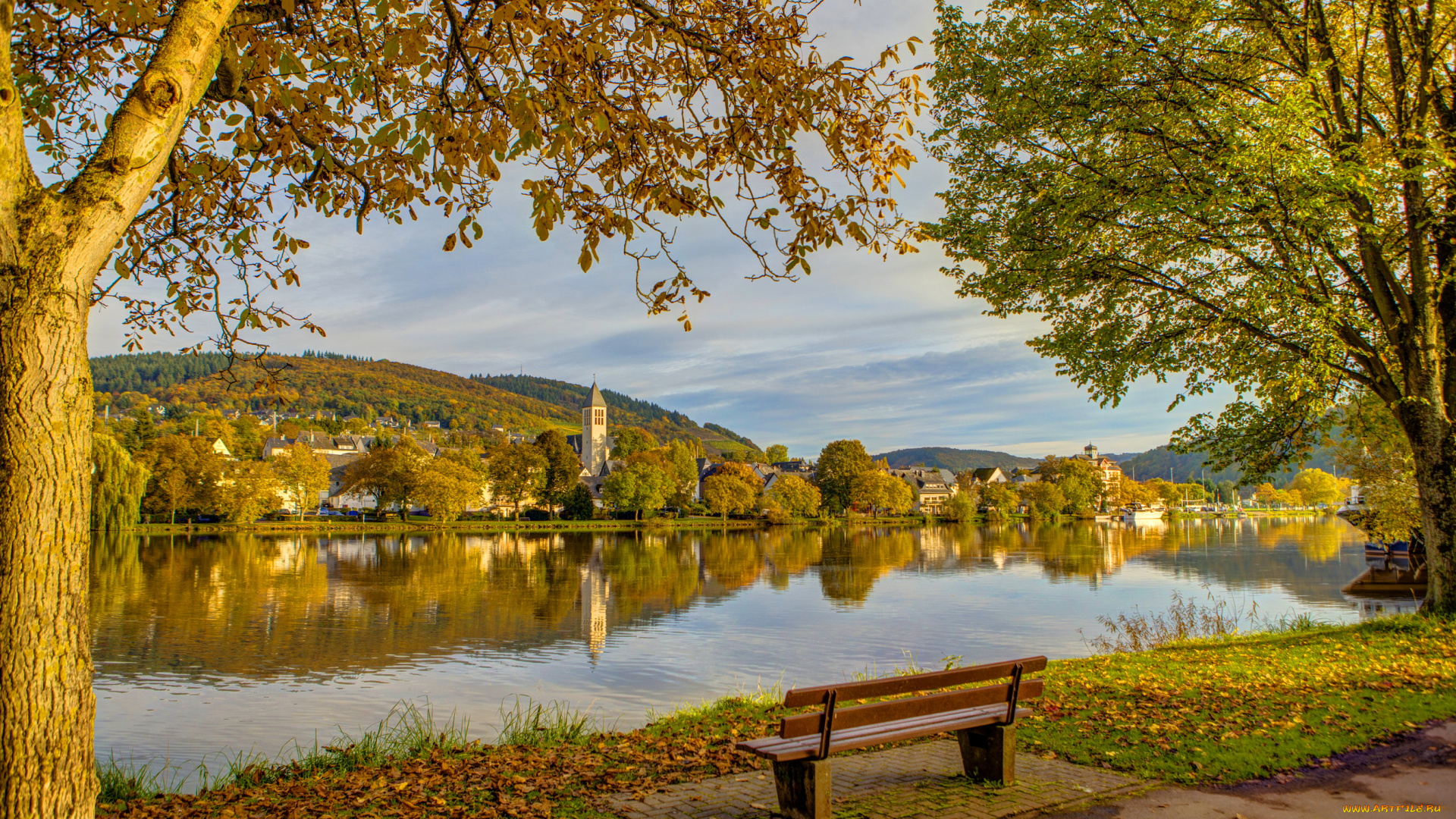 германия, альф, , mosel, города, -, пейзажи, германия, альф, дома, пейзаж, река, скамейка