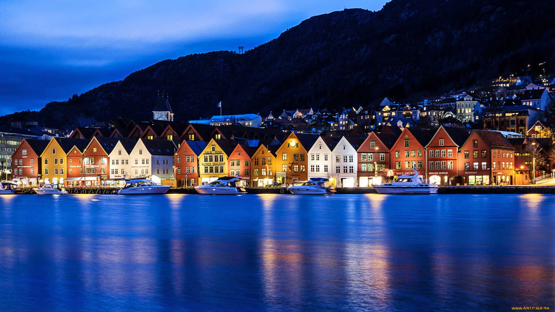 города, -, огни, ночного, города, bergen, берген, norway, норвегия, город, ночь, огни, дома, здания, гавань, лодки