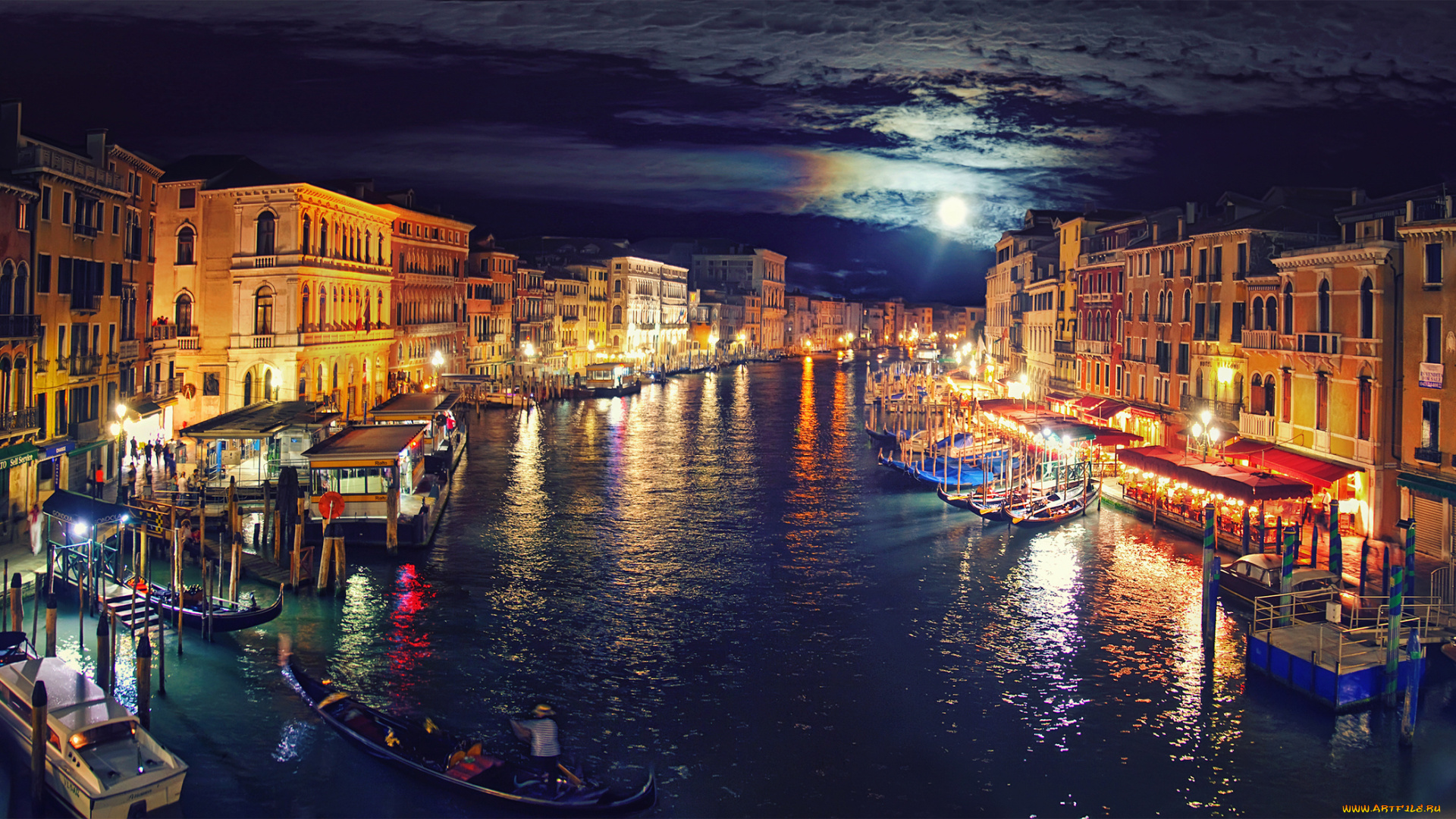 города, венеция, , италия, italy, venice, grand, canal, венеция, канал, ночь, огни, небо, облака, луна, лодка, гондола