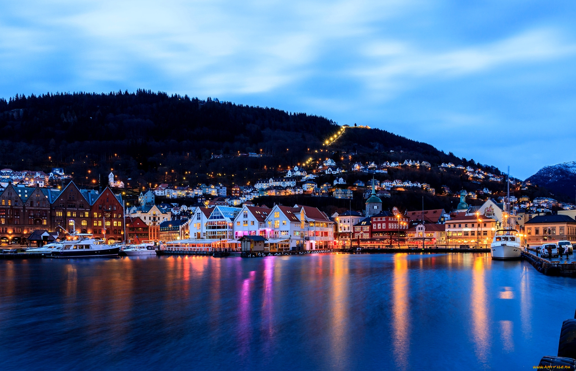 города, -, огни, ночного, города, bergen, norway, берген, норвегия, город, вечер, дома, здания, огни, море, гавань, причал, лодки