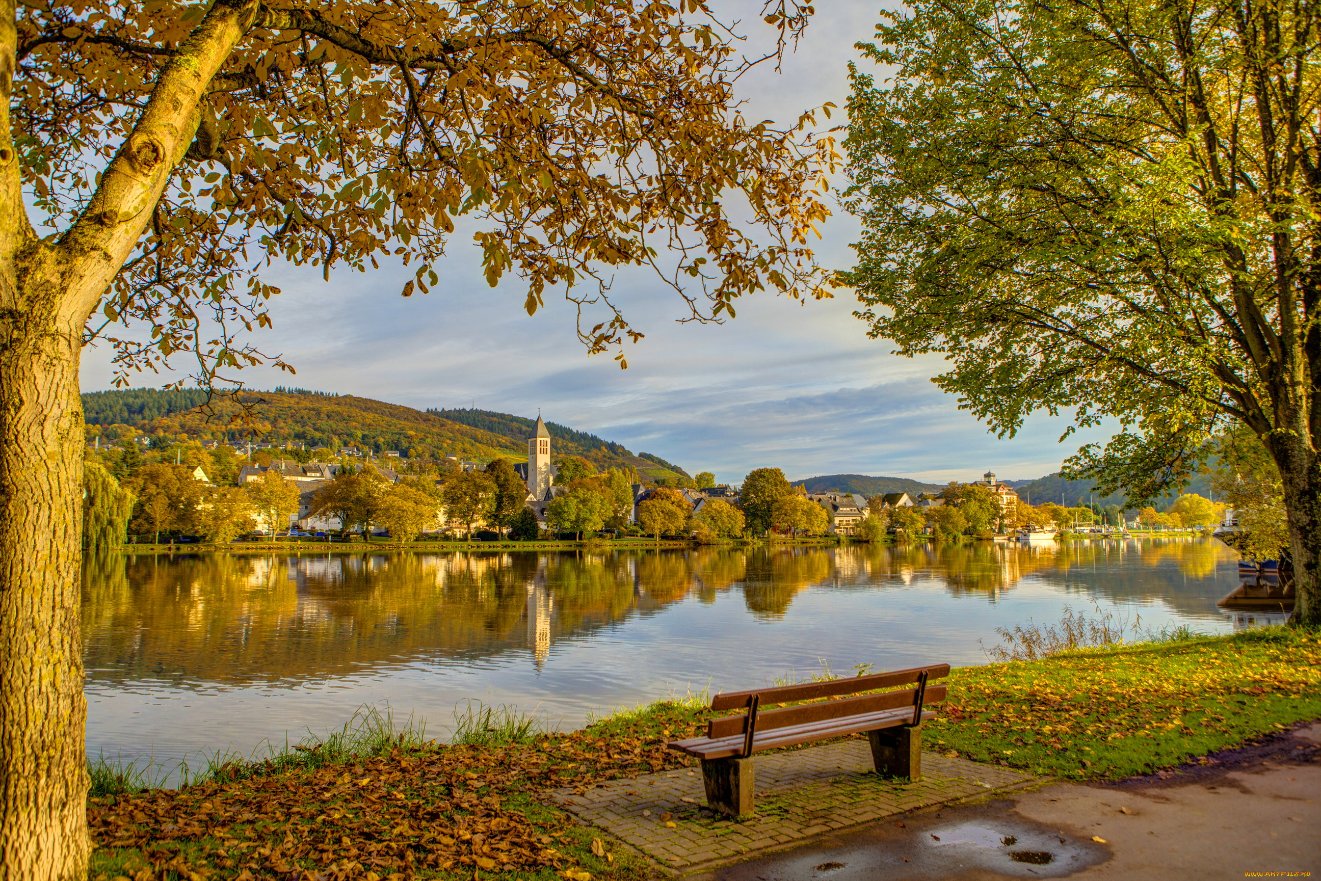 германия, альф, , mosel, города, -, пейзажи, германия, альф, дома, пейзаж, река, скамейка