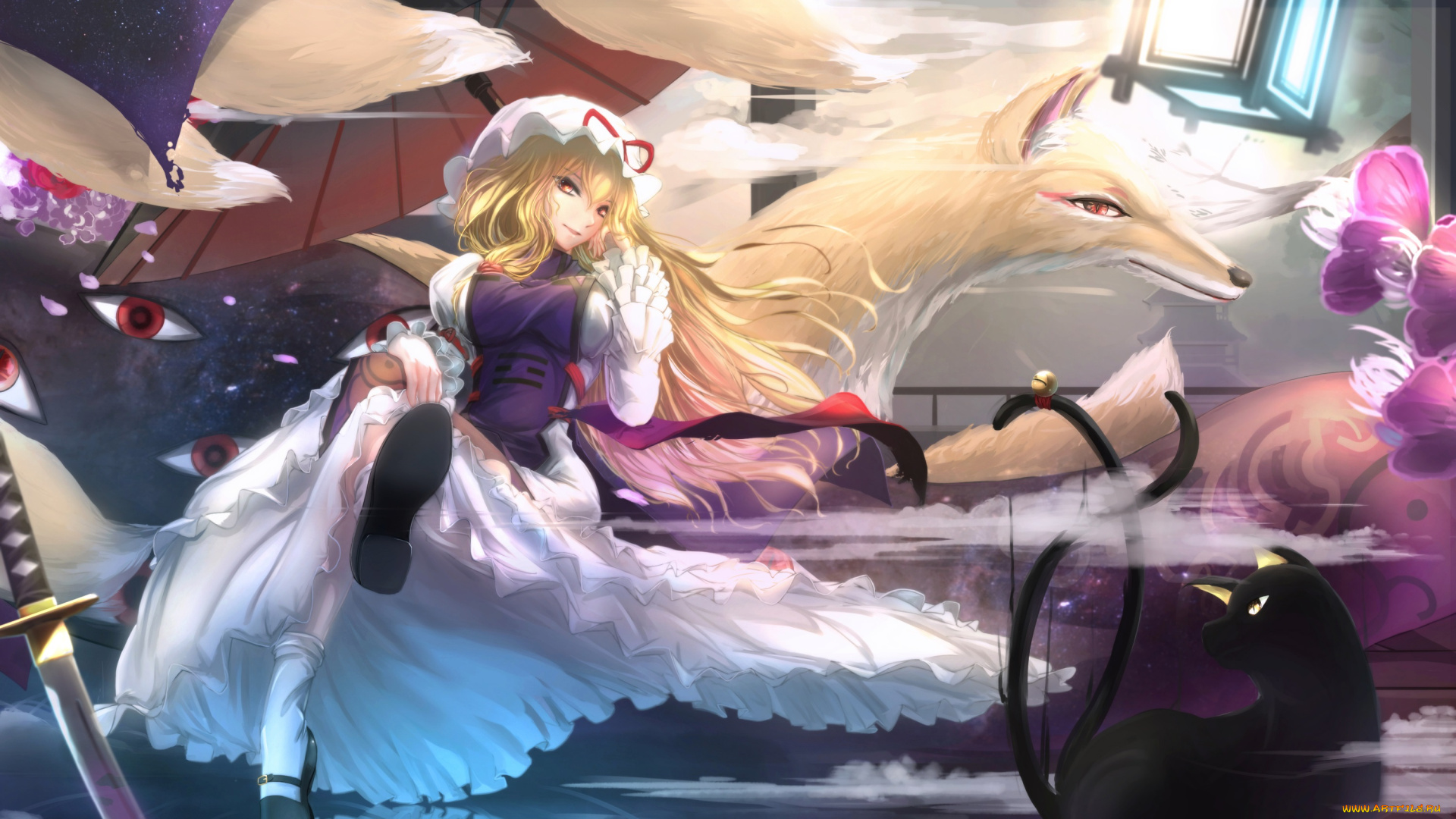 аниме, touhou, chen, yakumo, ran, yukari, кот, глаза, арт, девушка, улыбка, лис, животное, kikivi