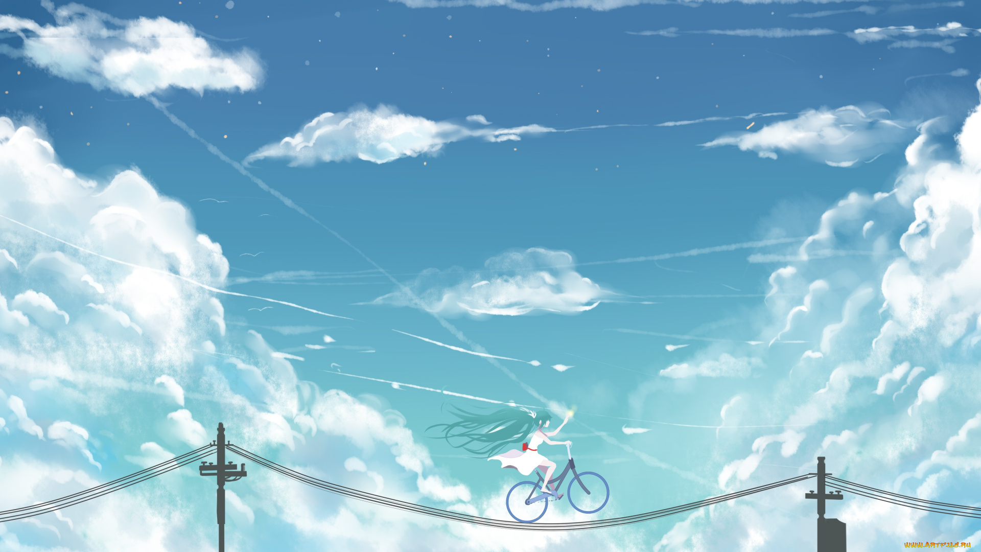 аниме, vocaloid, hatsune, miku, aiovia, арт, небо, облака, велосипед, провода