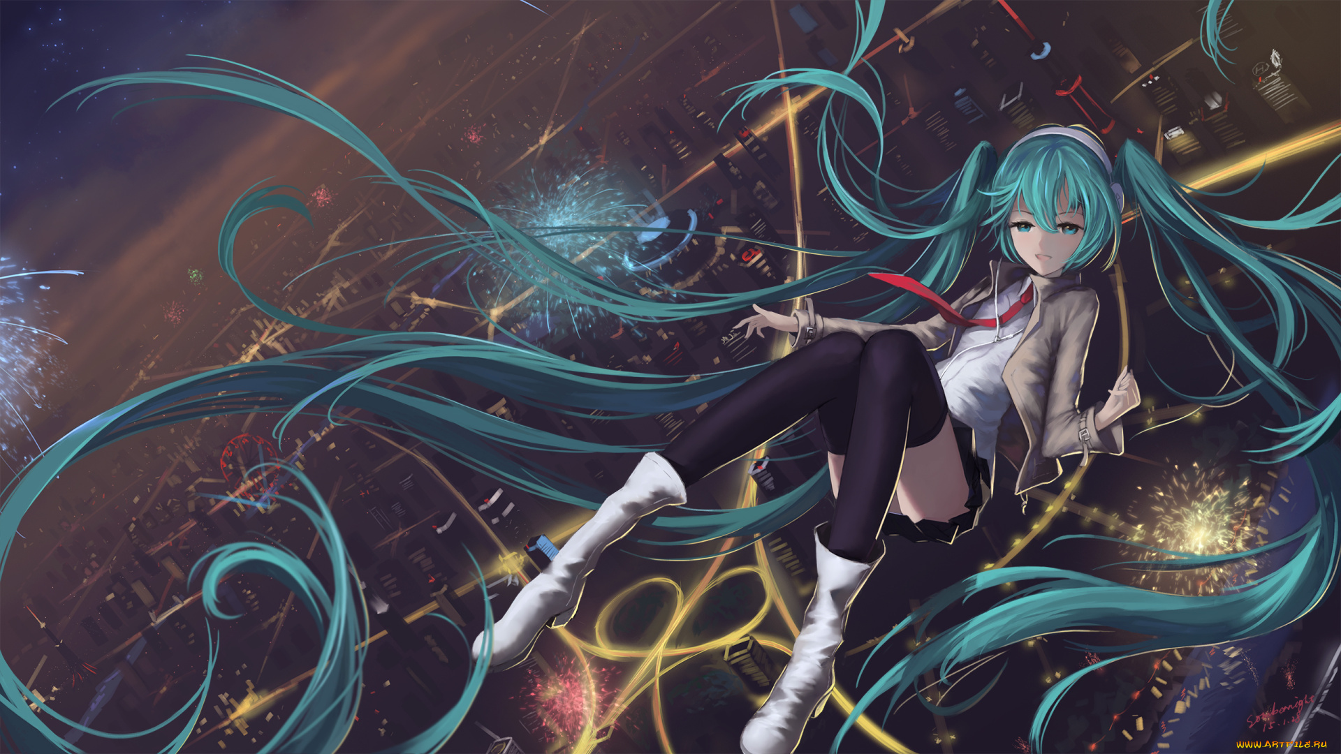 аниме, vocaloid, салюты, огни, ночь, город, девушка, арт, sombernight, hatsune, miku