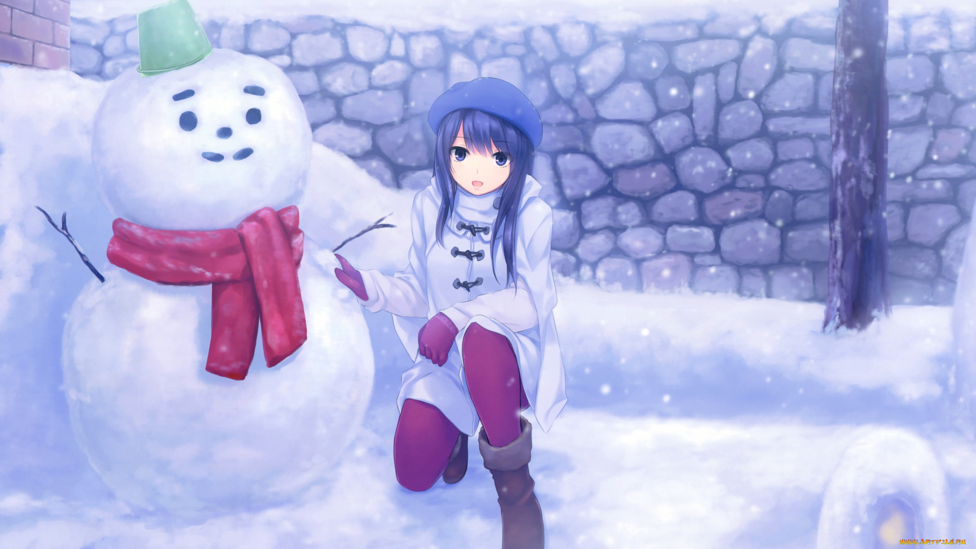 аниме, зима, , новый, год, , рождество, снег, снеговик, девушка, coffee-kizoku, арт