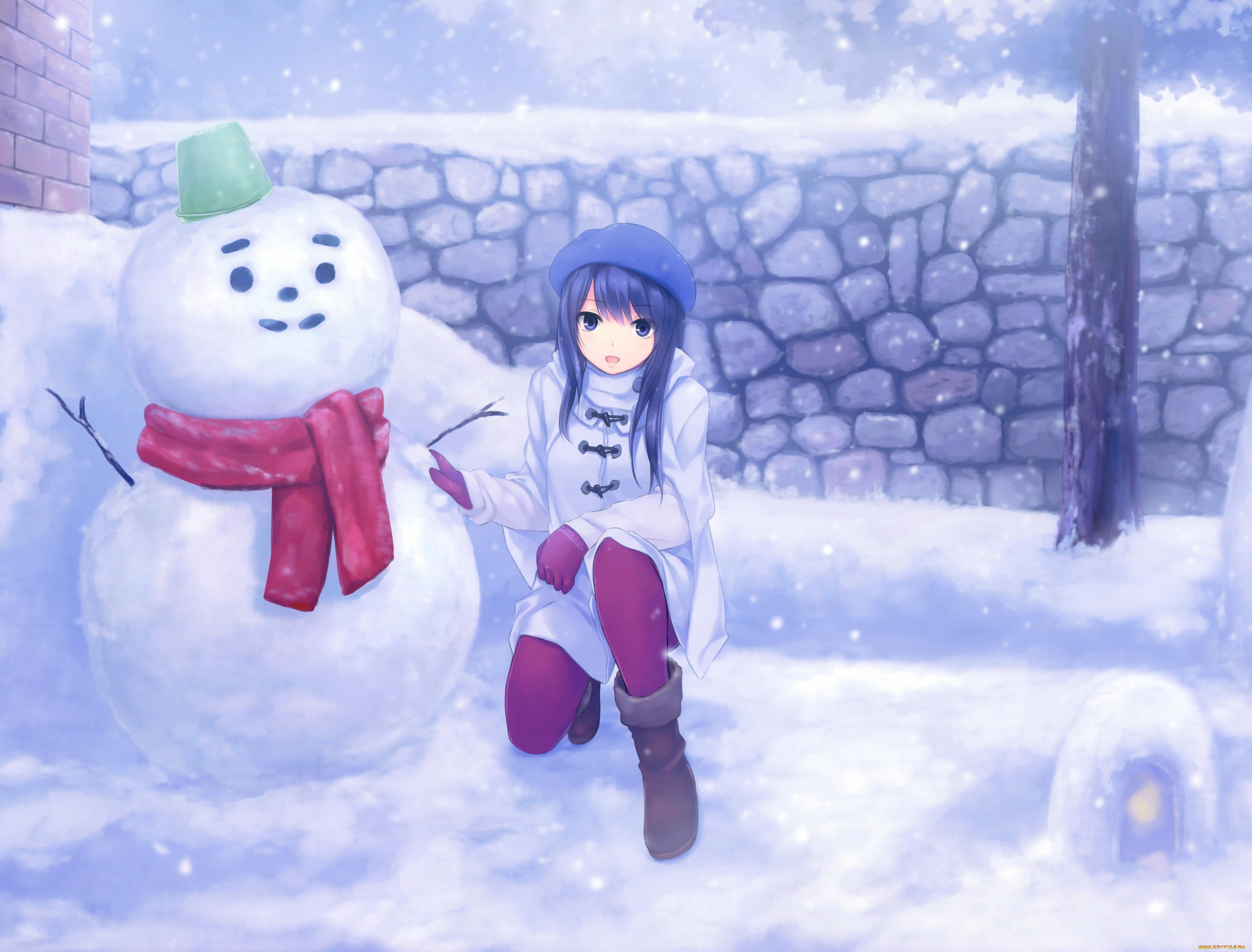 аниме, зима, , новый, год, , рождество, снег, снеговик, девушка, coffee-kizoku, арт