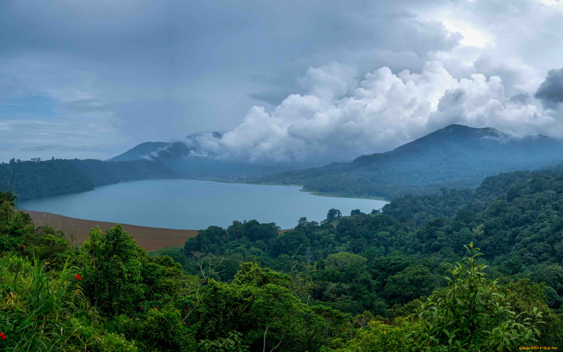 природа, реки, озера, туман, индонезия, bali, озеро, лес, облака, тропики, джунгли, горы
