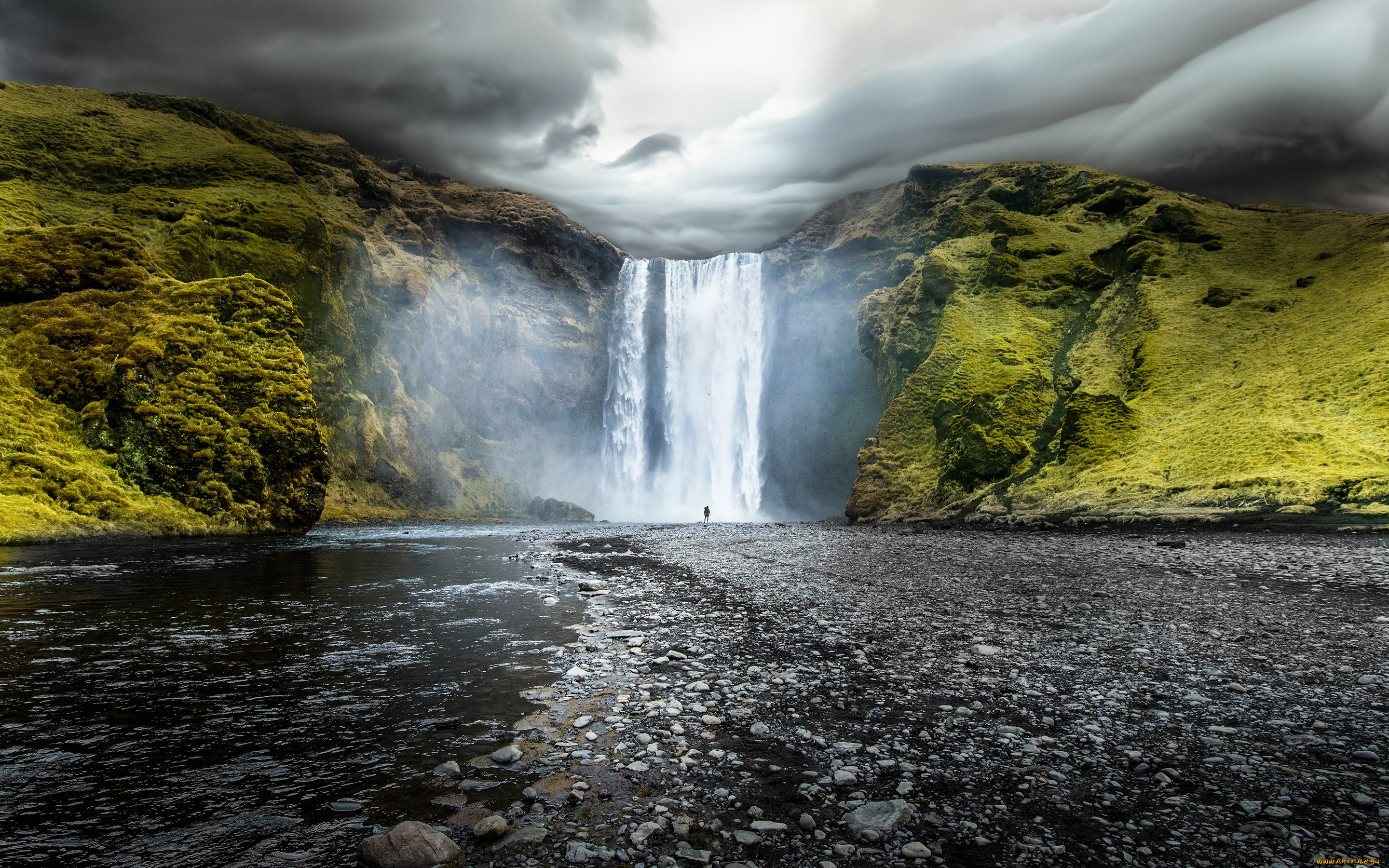 природа, водопады, исландия, живописный, водопад, скоугафосс