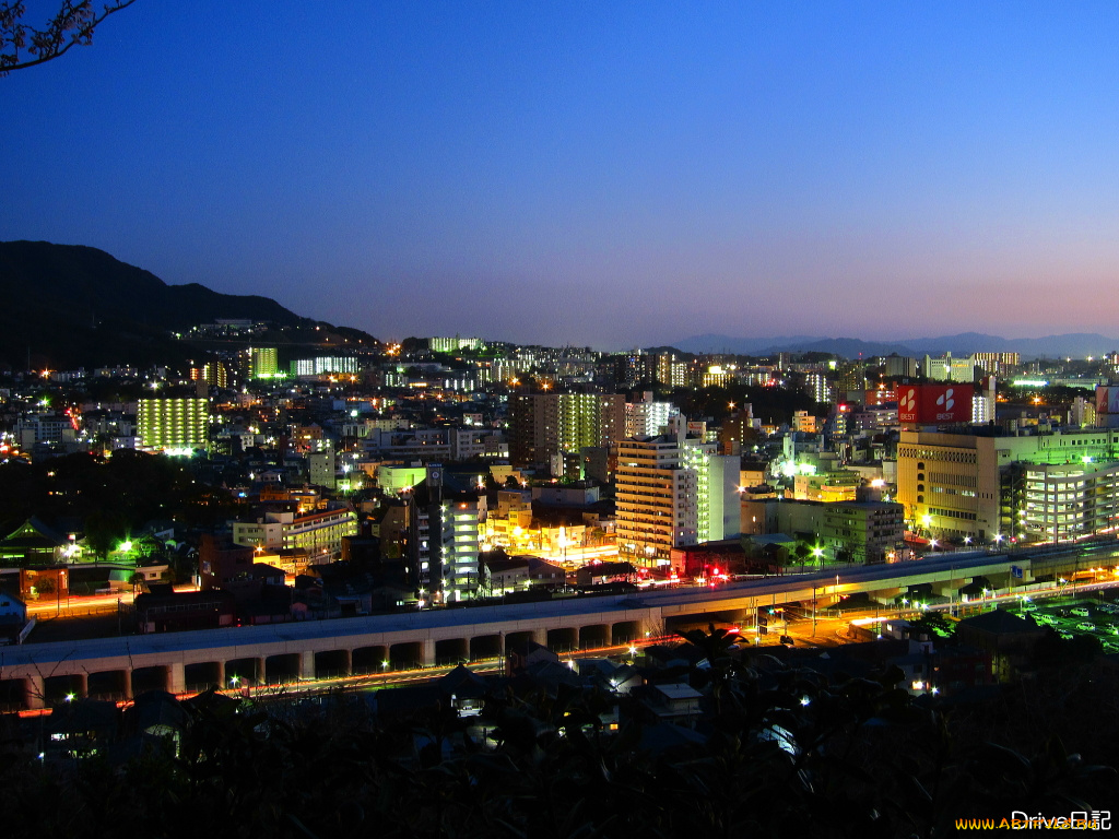 города, огни, ночного, kitakyushu, japan