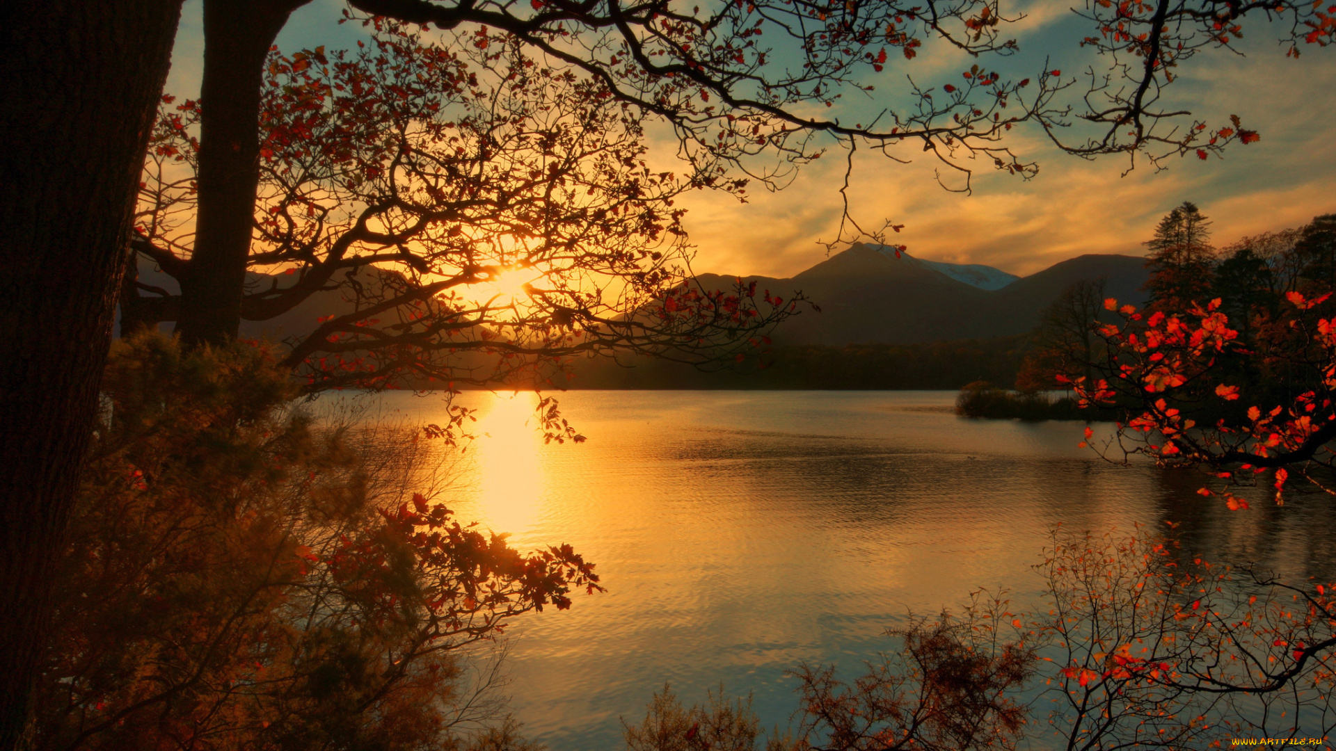 пейзаж, природа, восходы, закаты, горы, озеро, деревья, листья, осень, рассвет