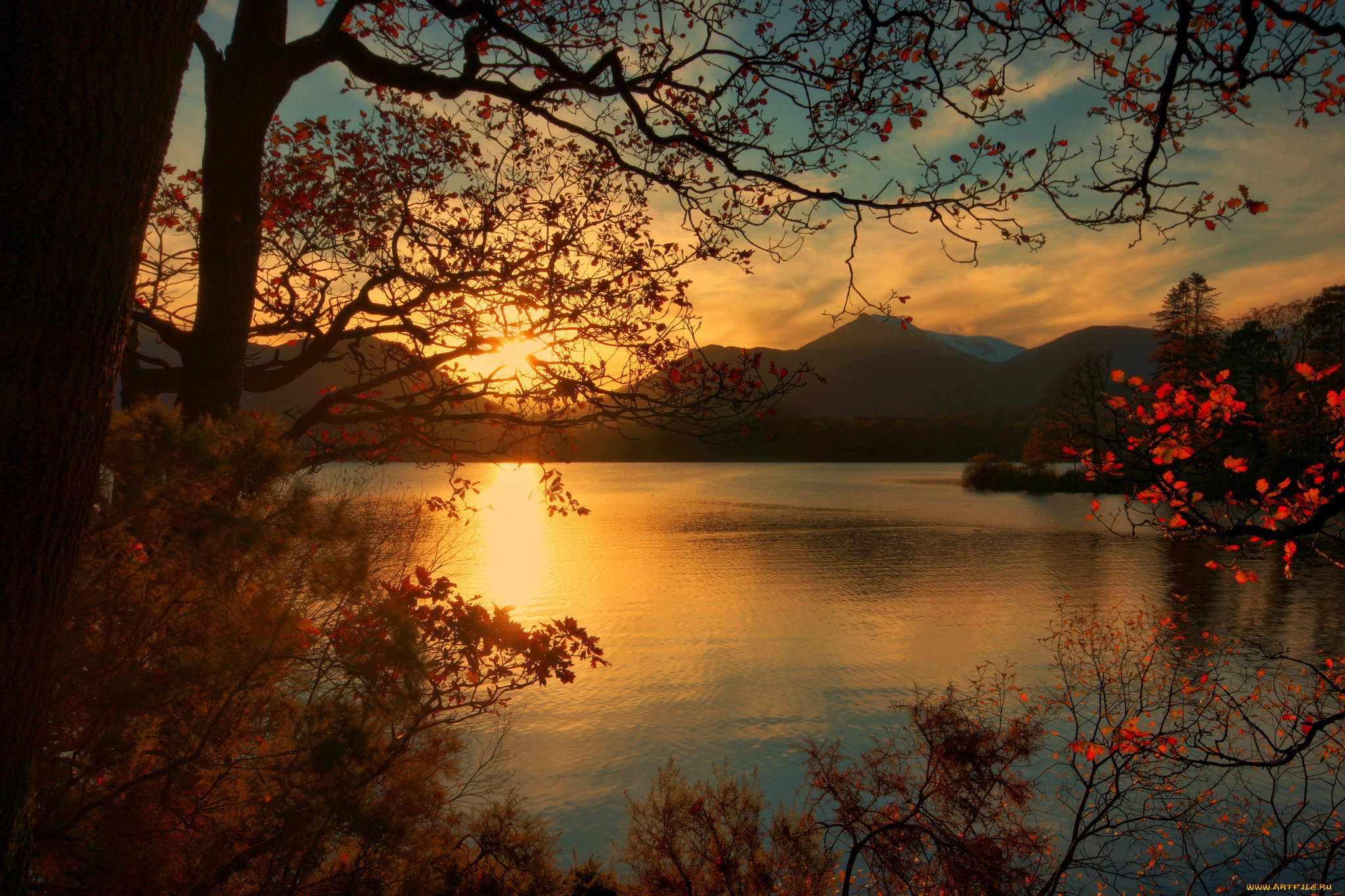 пейзаж, природа, восходы, закаты, горы, озеро, деревья, листья, осень, рассвет