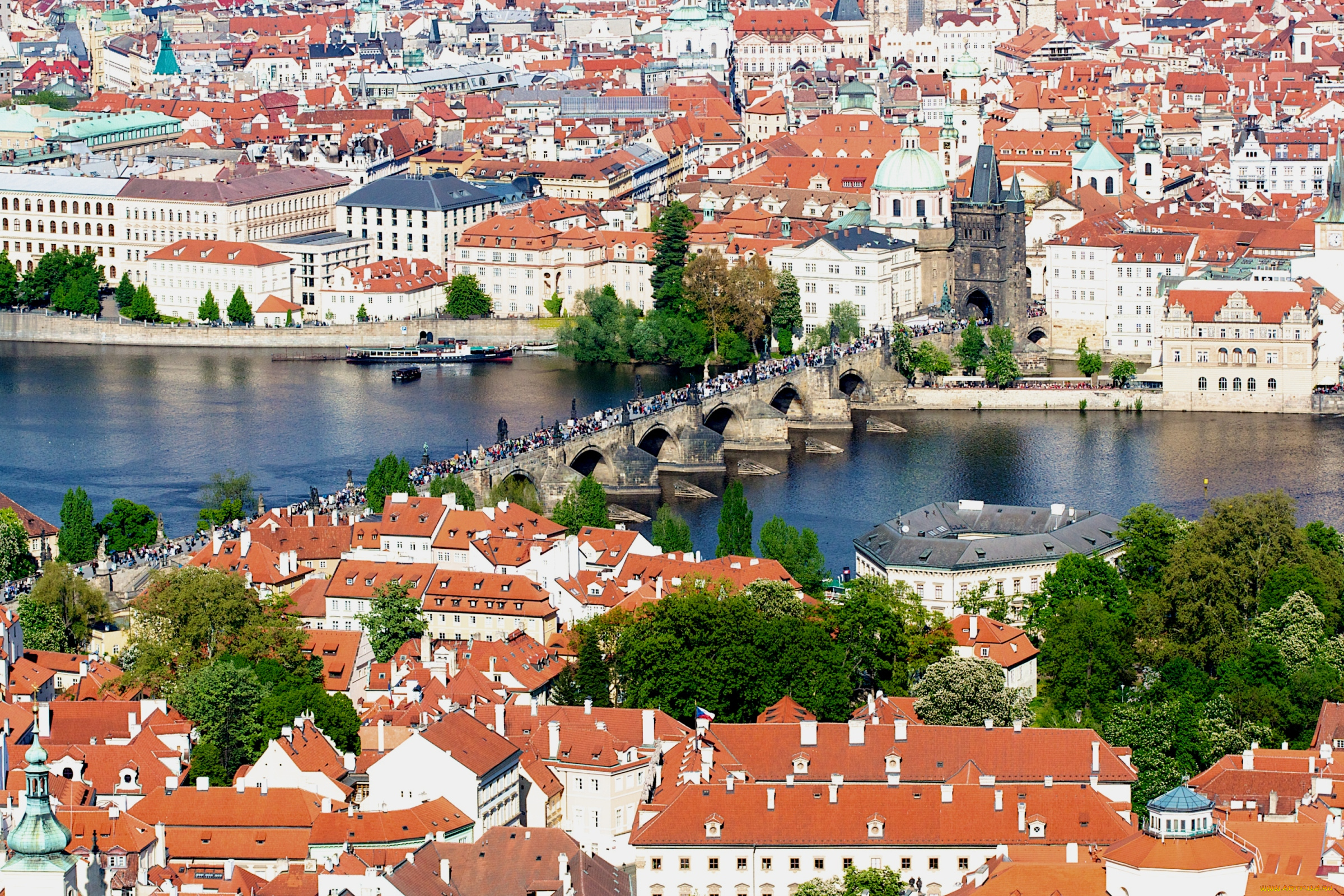 города, прага, Чехия, панорама, мост, крыши, река