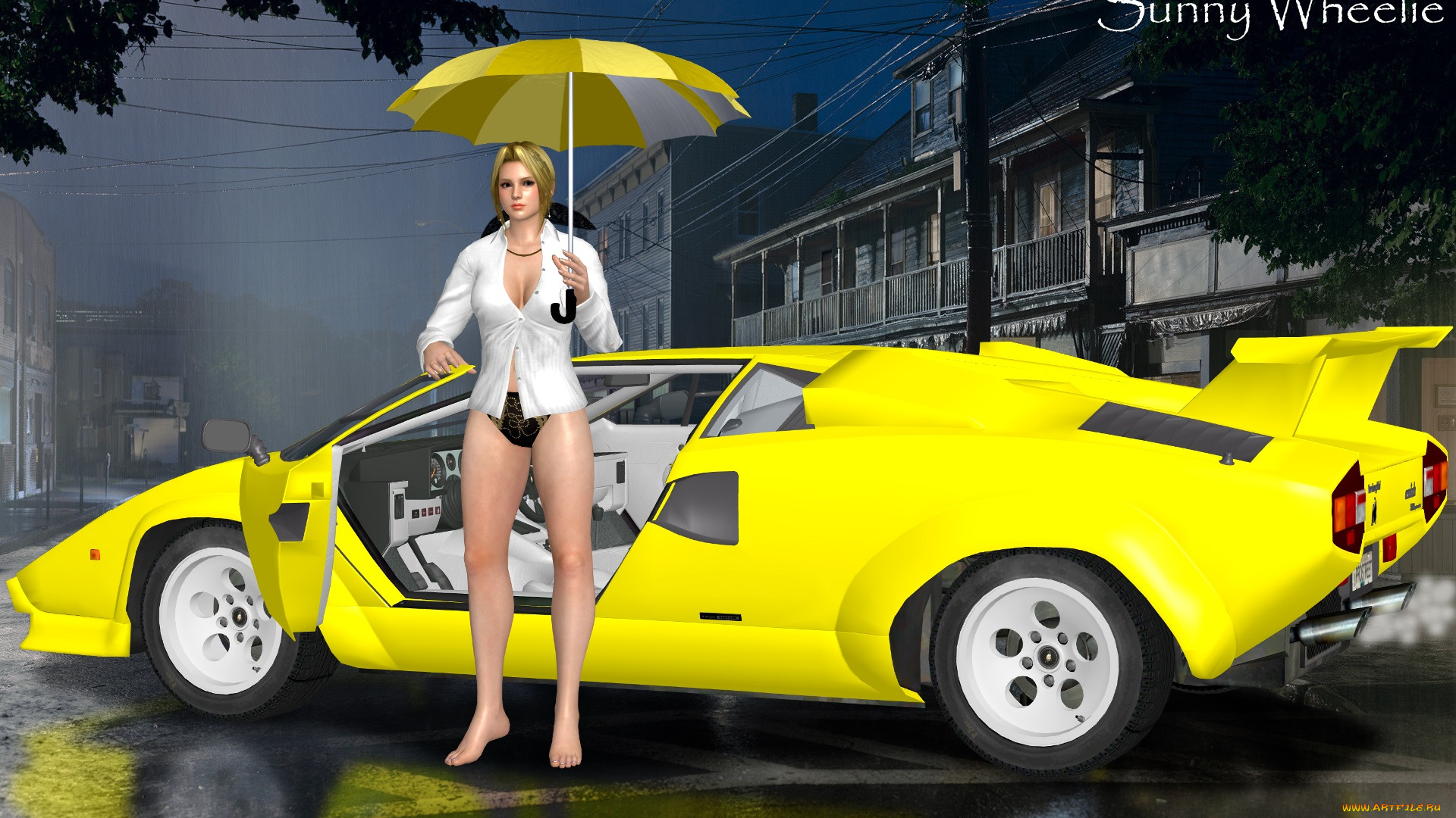 автомобили, 3d, car&girl, автомобиль, девушка, зонтик