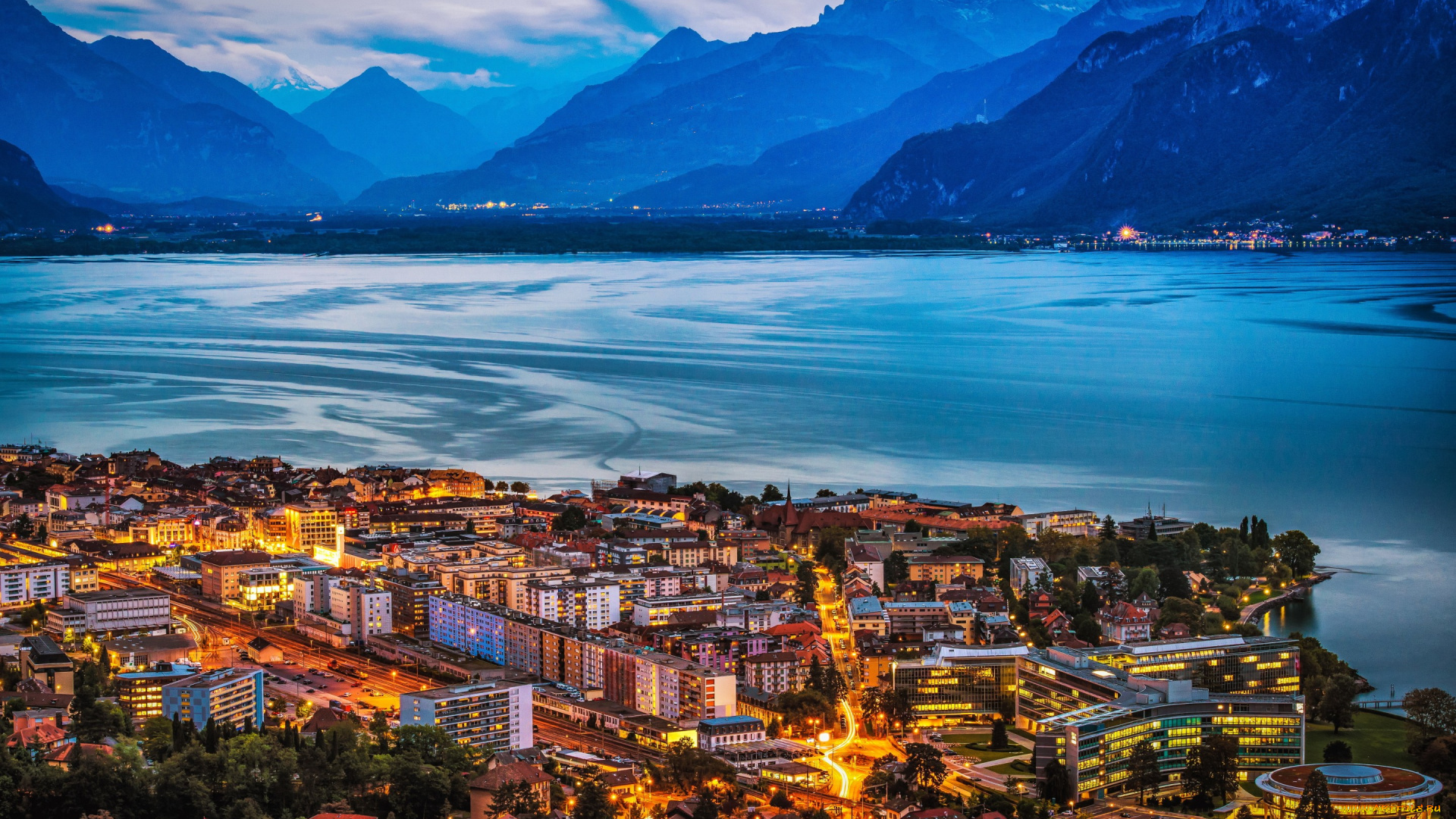 города, -, пейзажи, швейцария, vevey, on, lake, geneva, озеро, горы, пейзаж, побережье, дома, ночь, огни