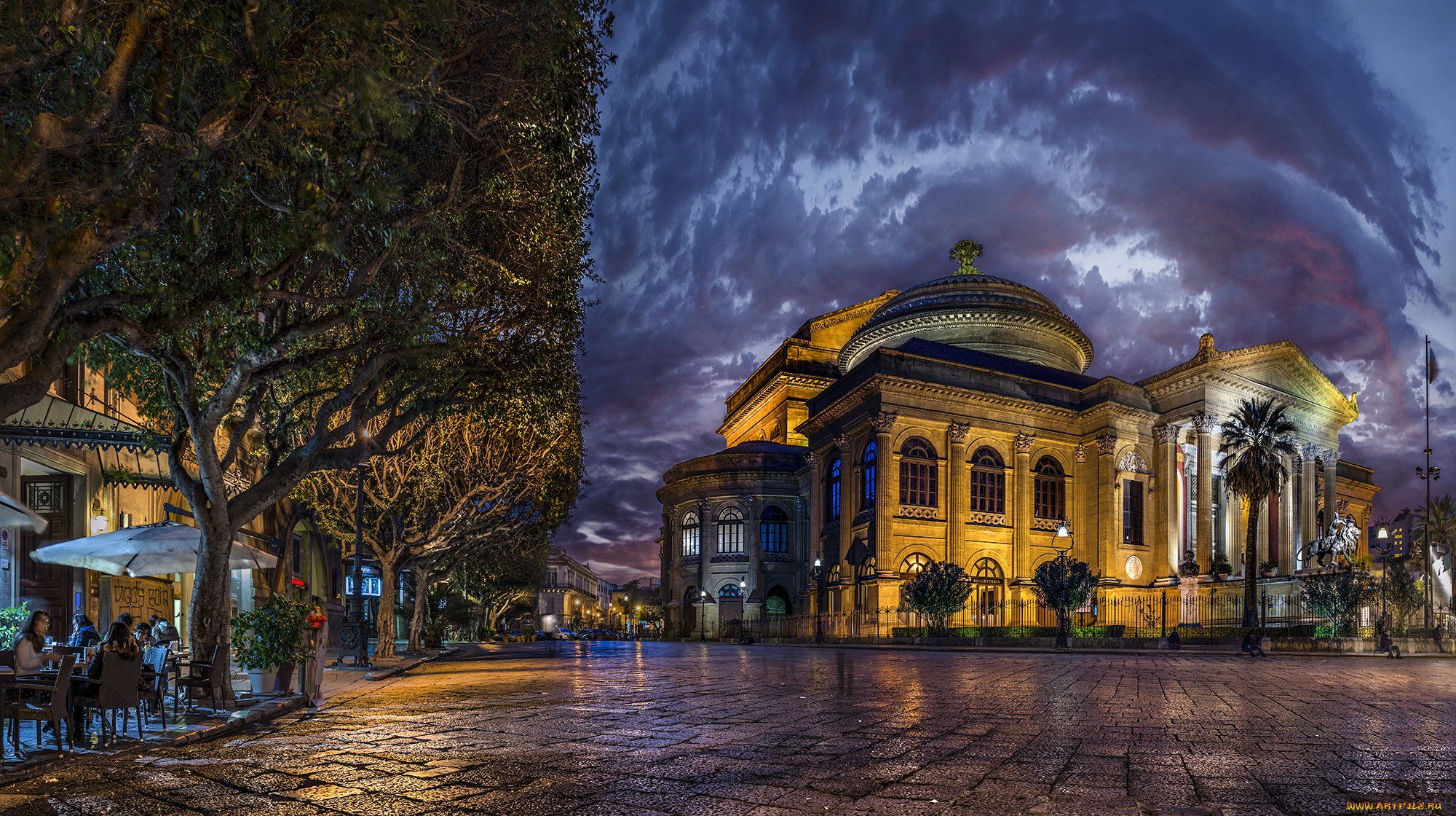 города, -, улицы, , площади, , набережные, италия, teatro, massimo, palermo, дворец, театр, массимо, улица, дома, мостовая, ночь, огни