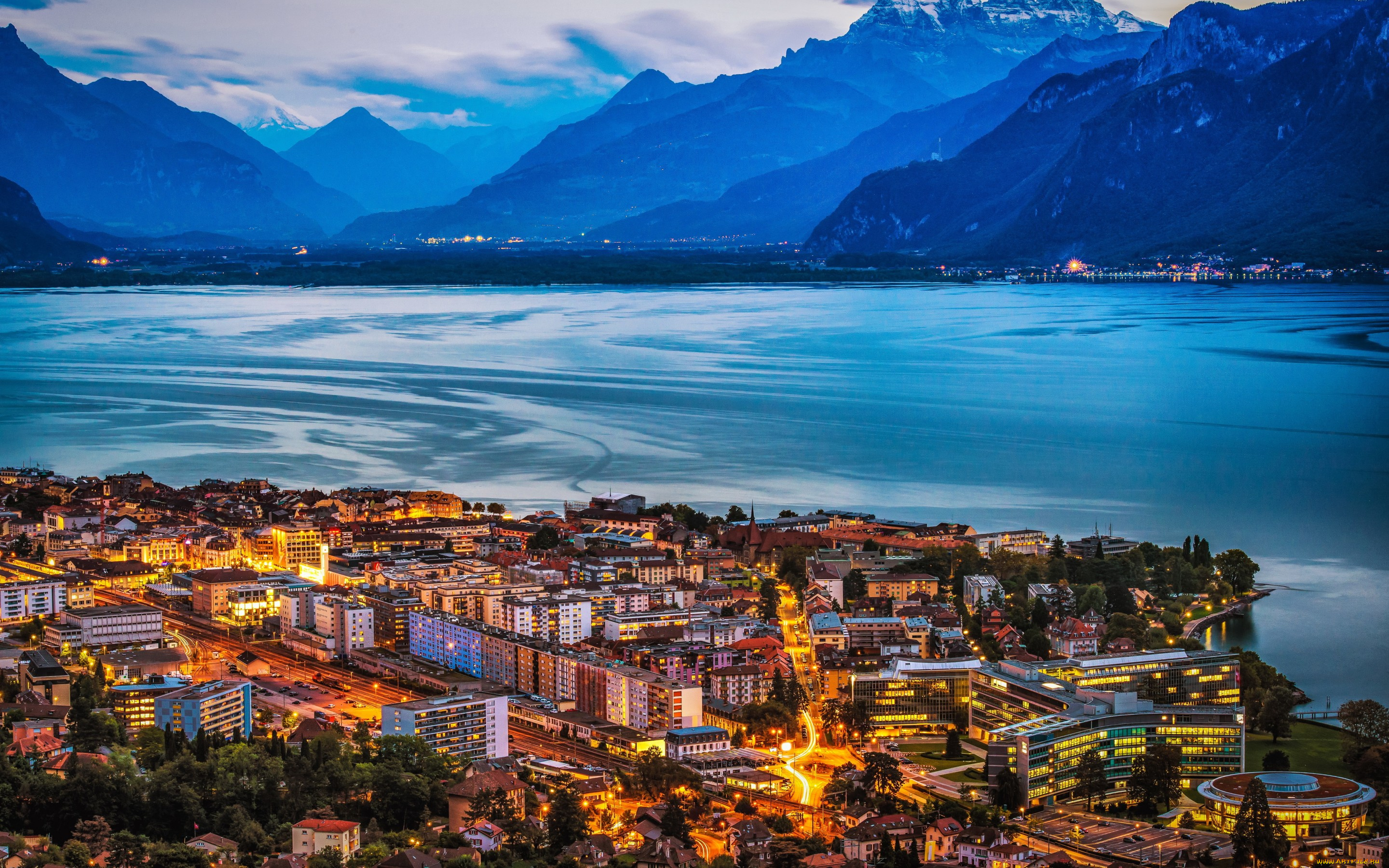 города, -, пейзажи, швейцария, vevey, on, lake, geneva, озеро, горы, пейзаж, побережье, дома, ночь, огни