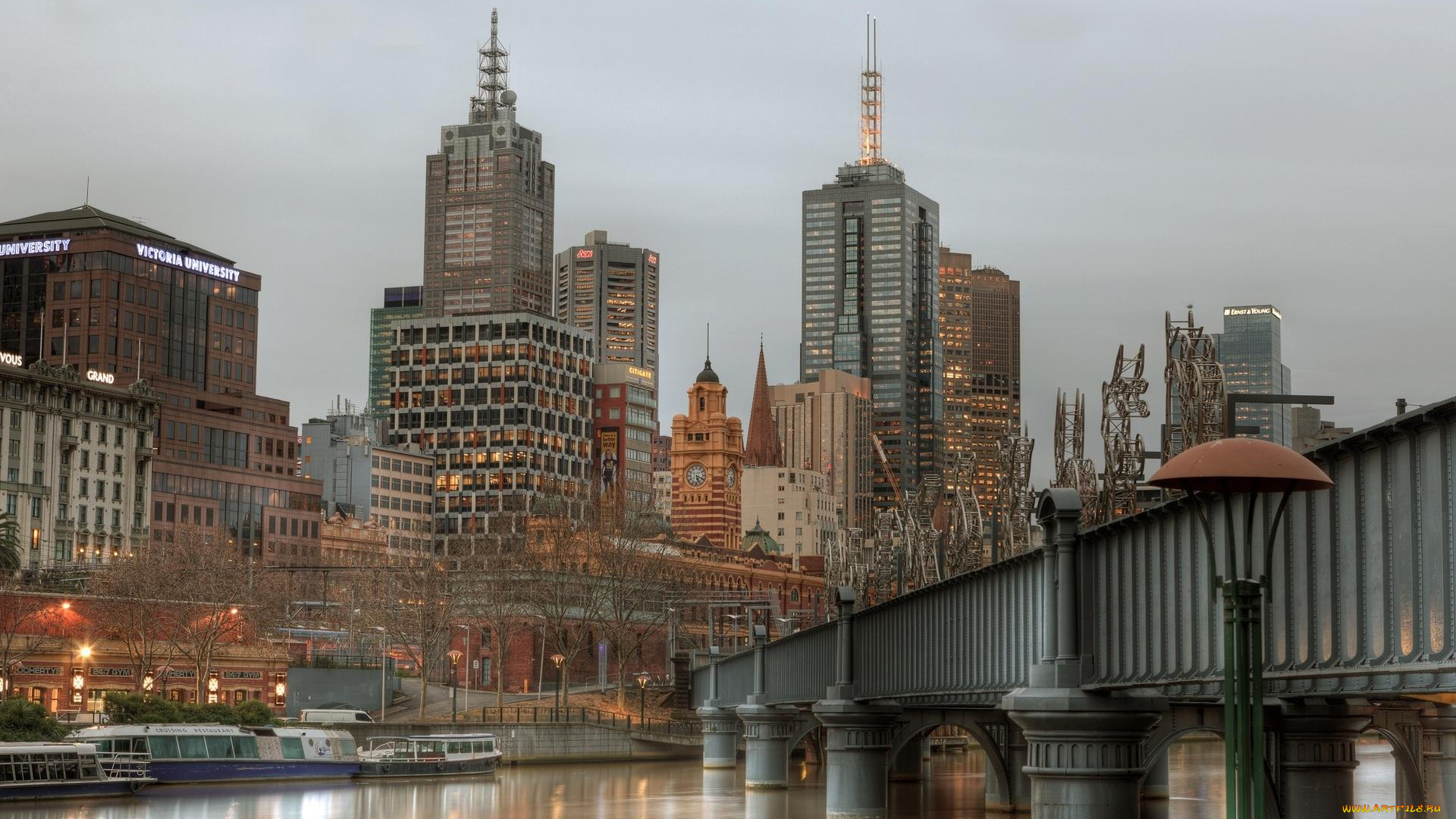 города, мельбурн, , австралия, здания, мост, река