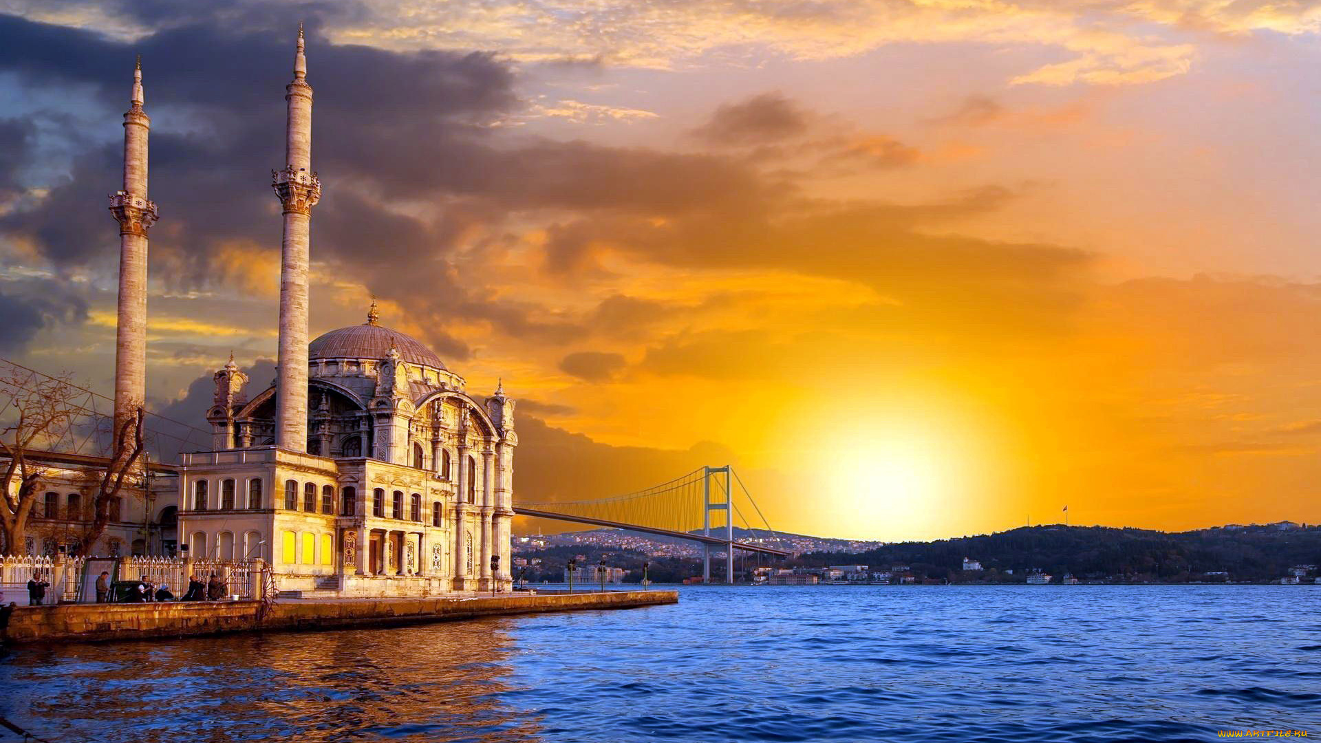 города, стамбул, , турция, мост, закат, мечеть