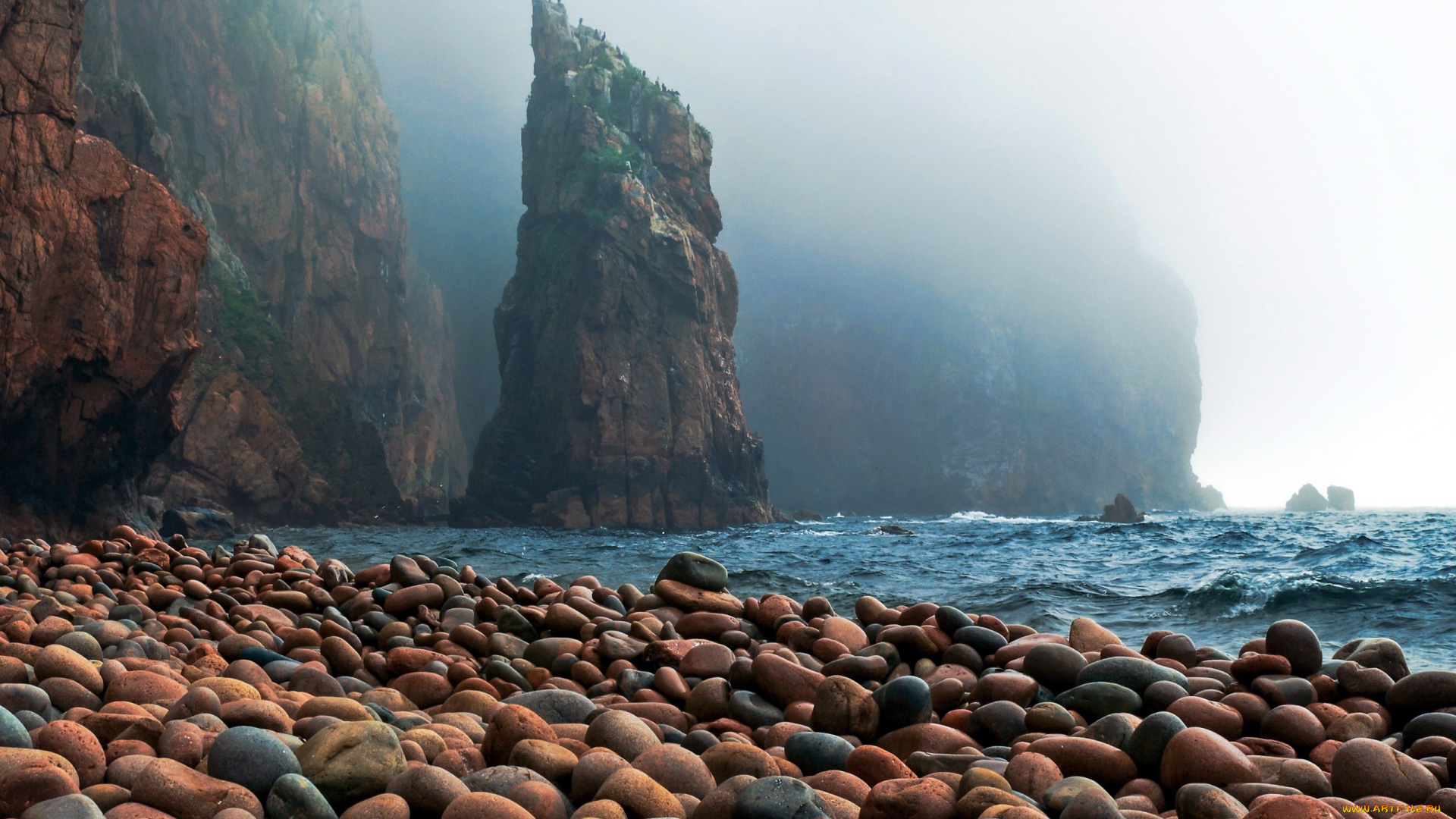 природа, побережье, туман, камни, скалы