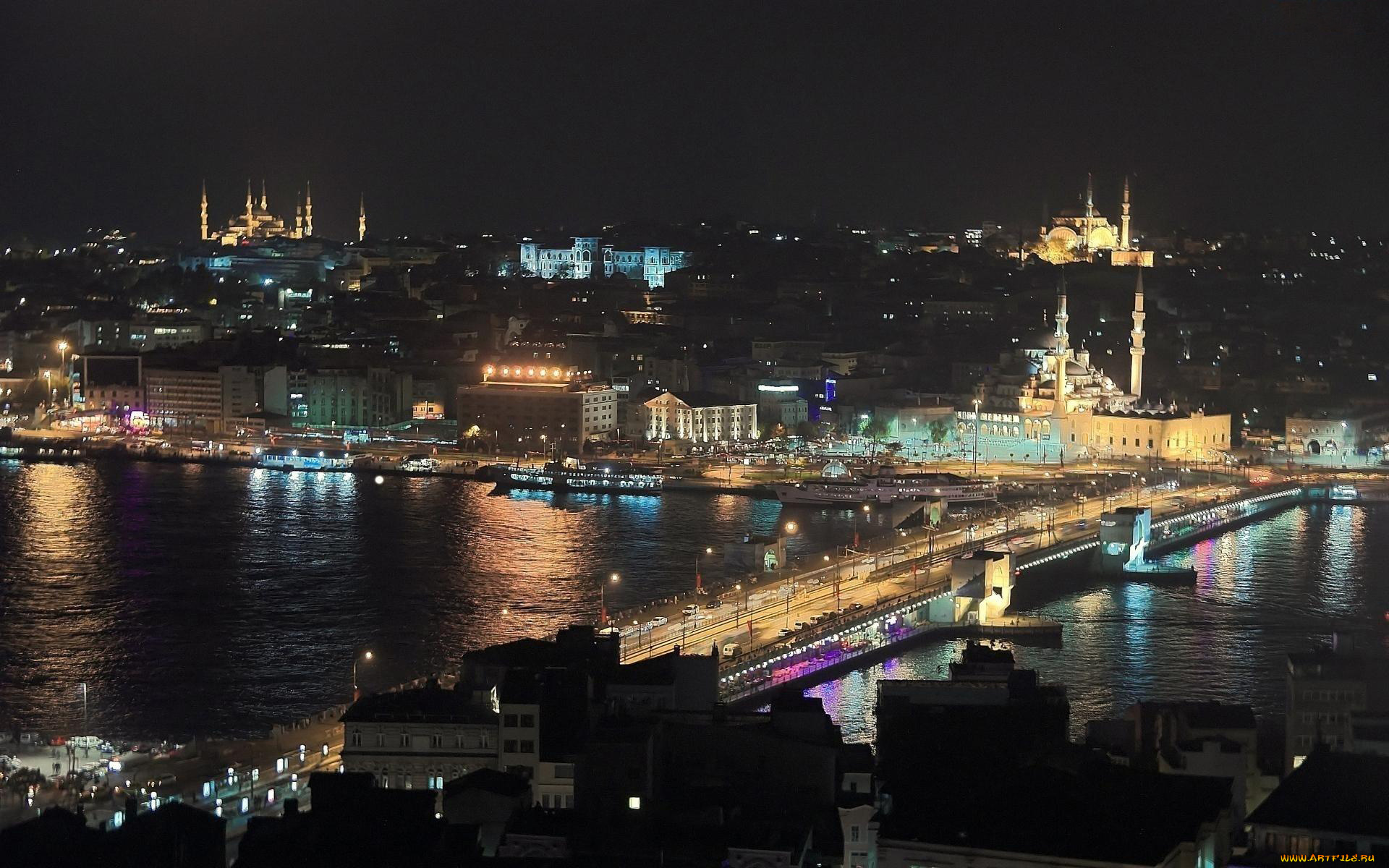 города, стамбул, , турция, мечети, мост, вечер