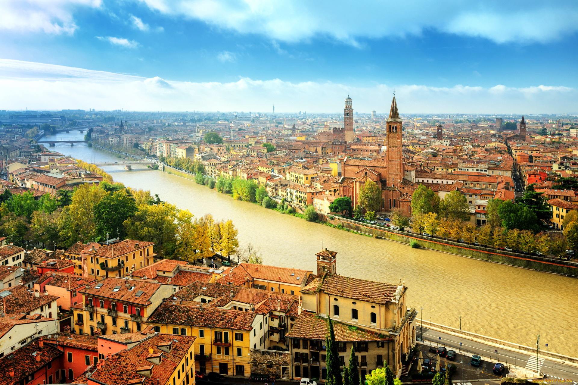 города, верона, , италия, мосты, река, панорама