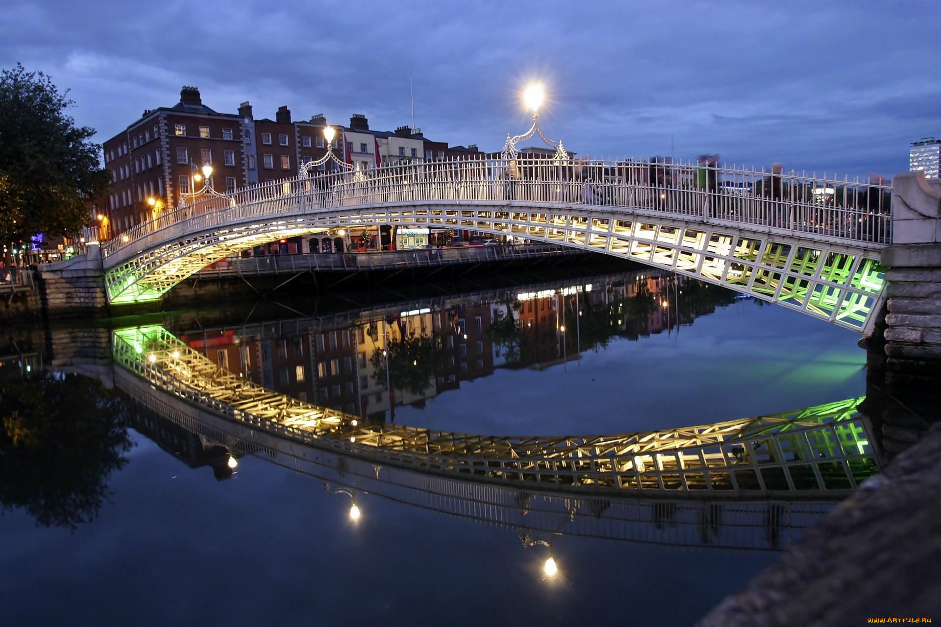 города, дублин, , ирландия, фонари, мост, река, отражение
