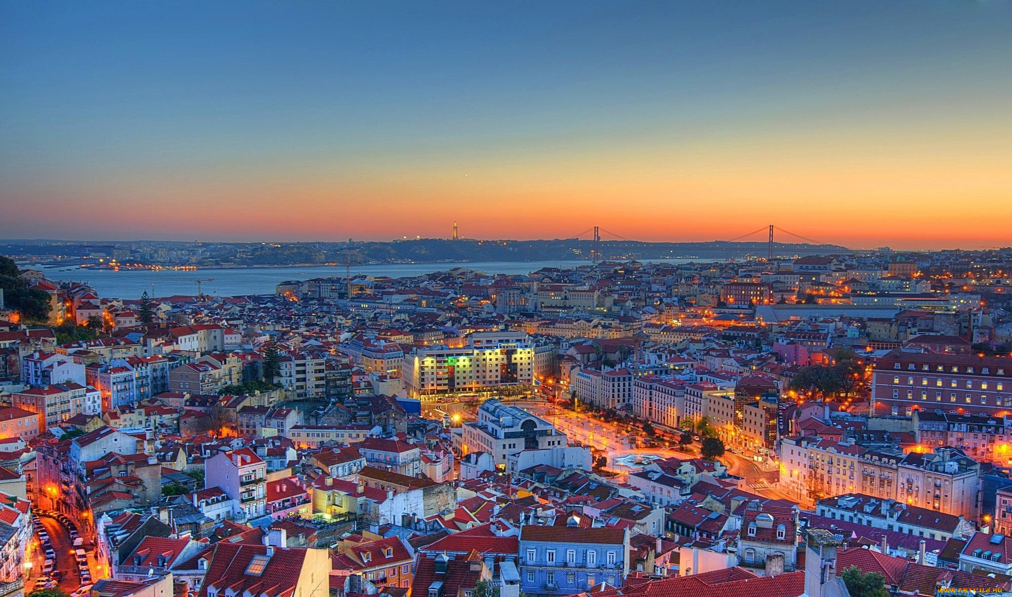 города, лиссабон, , португалия, вечер, панорама