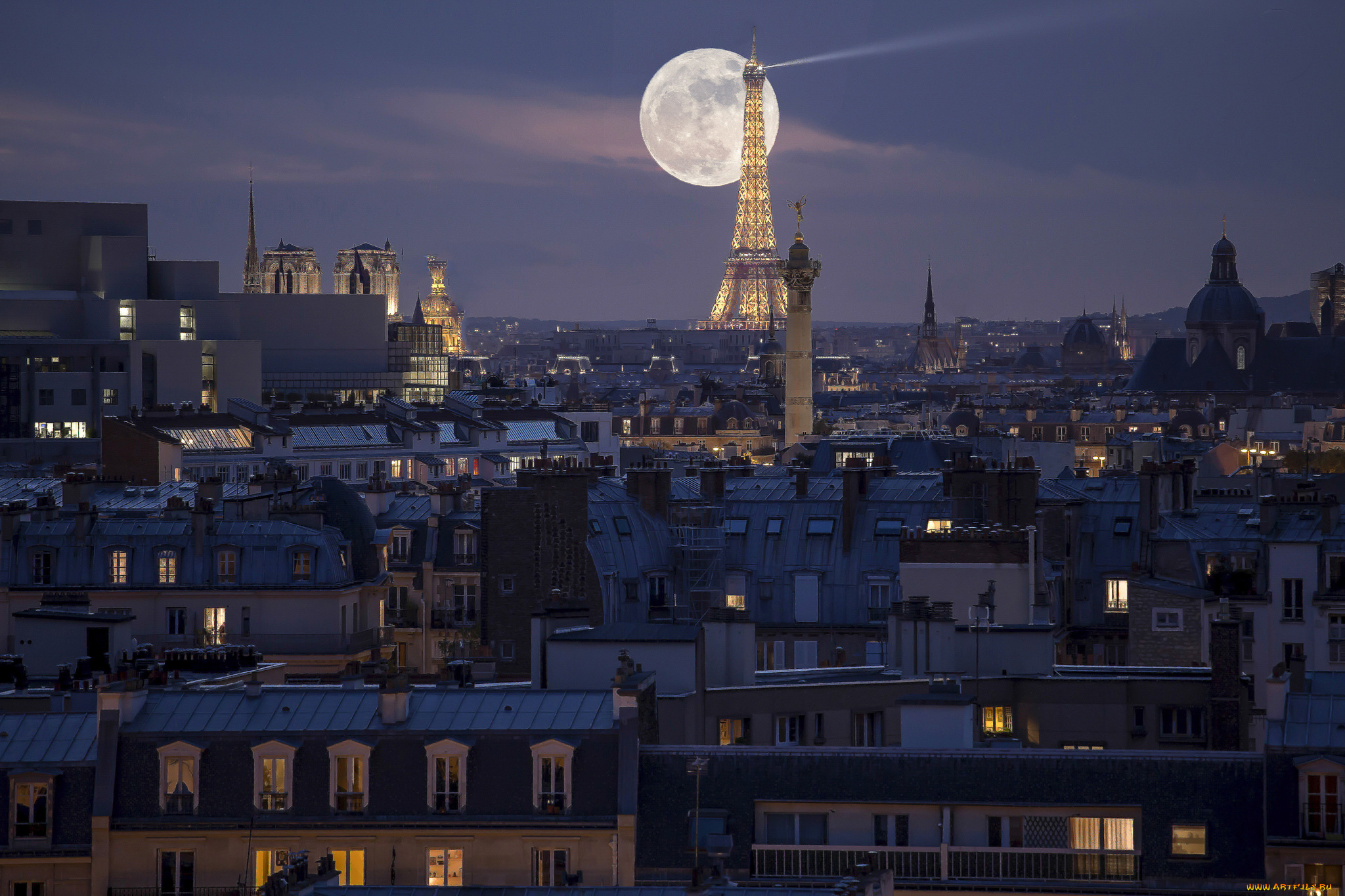 города, париж, , франция, ночь, луна