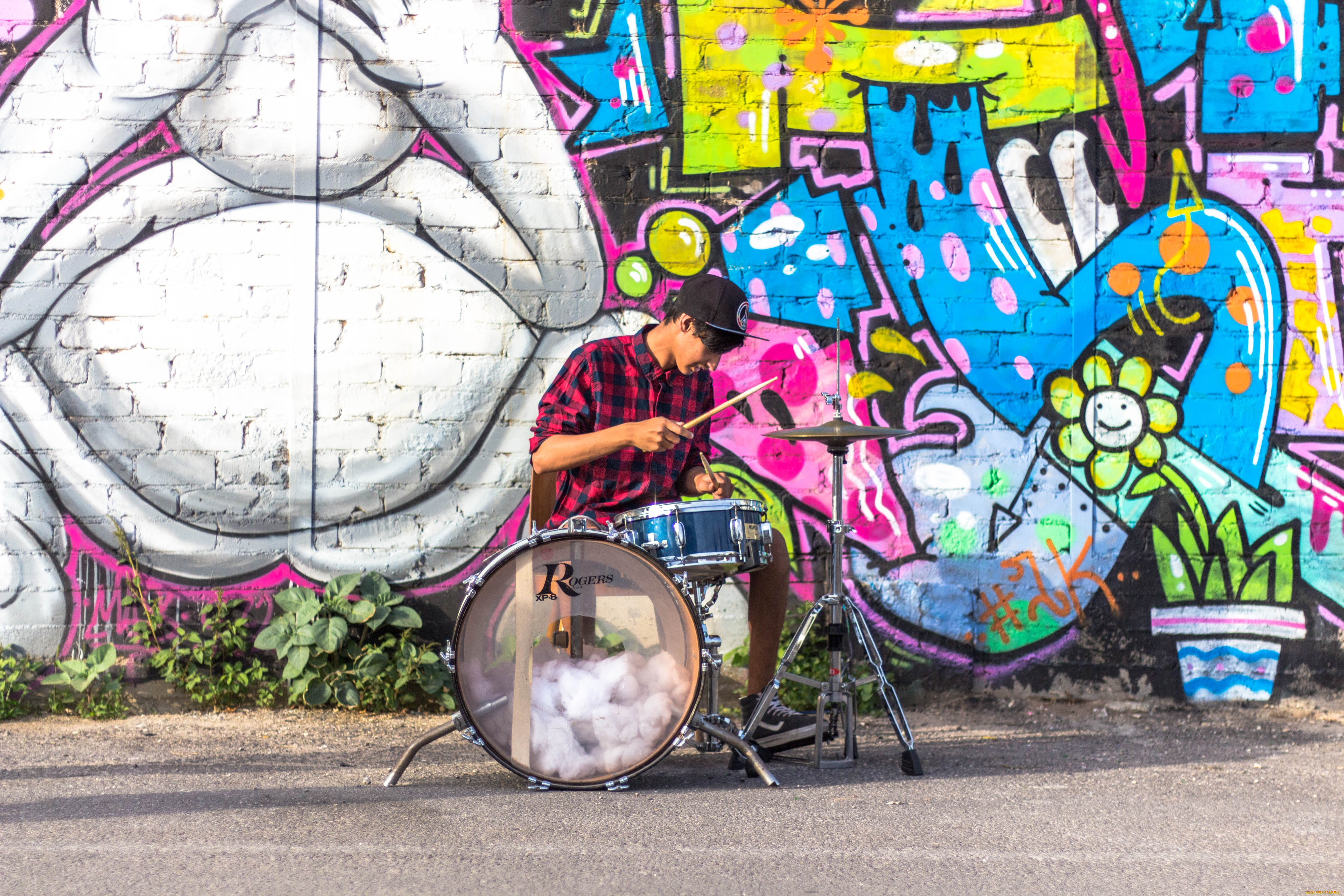 музыка, -другое, граффити, парень, барабан