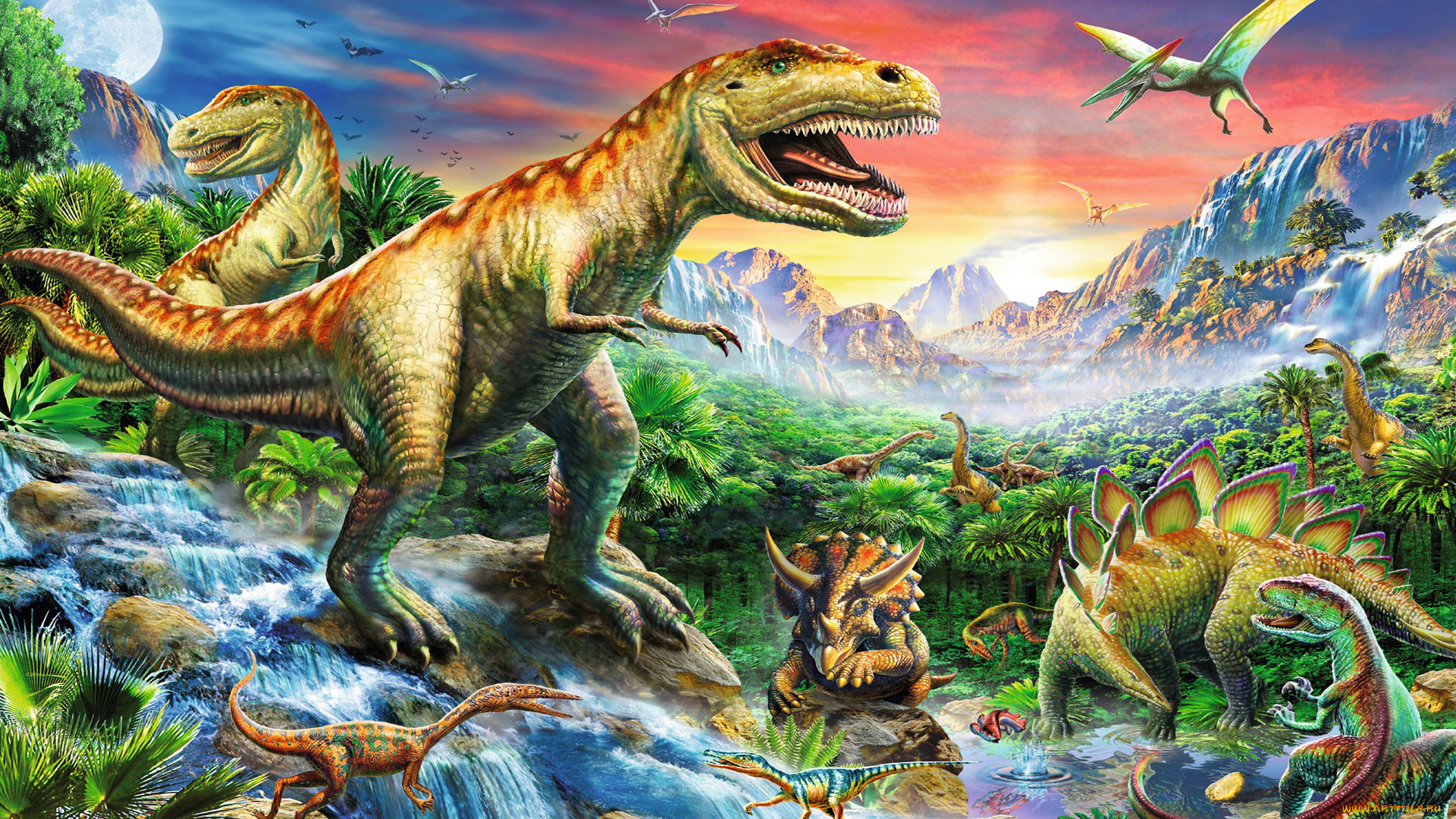 рисованное, животные, , доисторические, динозавры, горы, джунгли, ручей