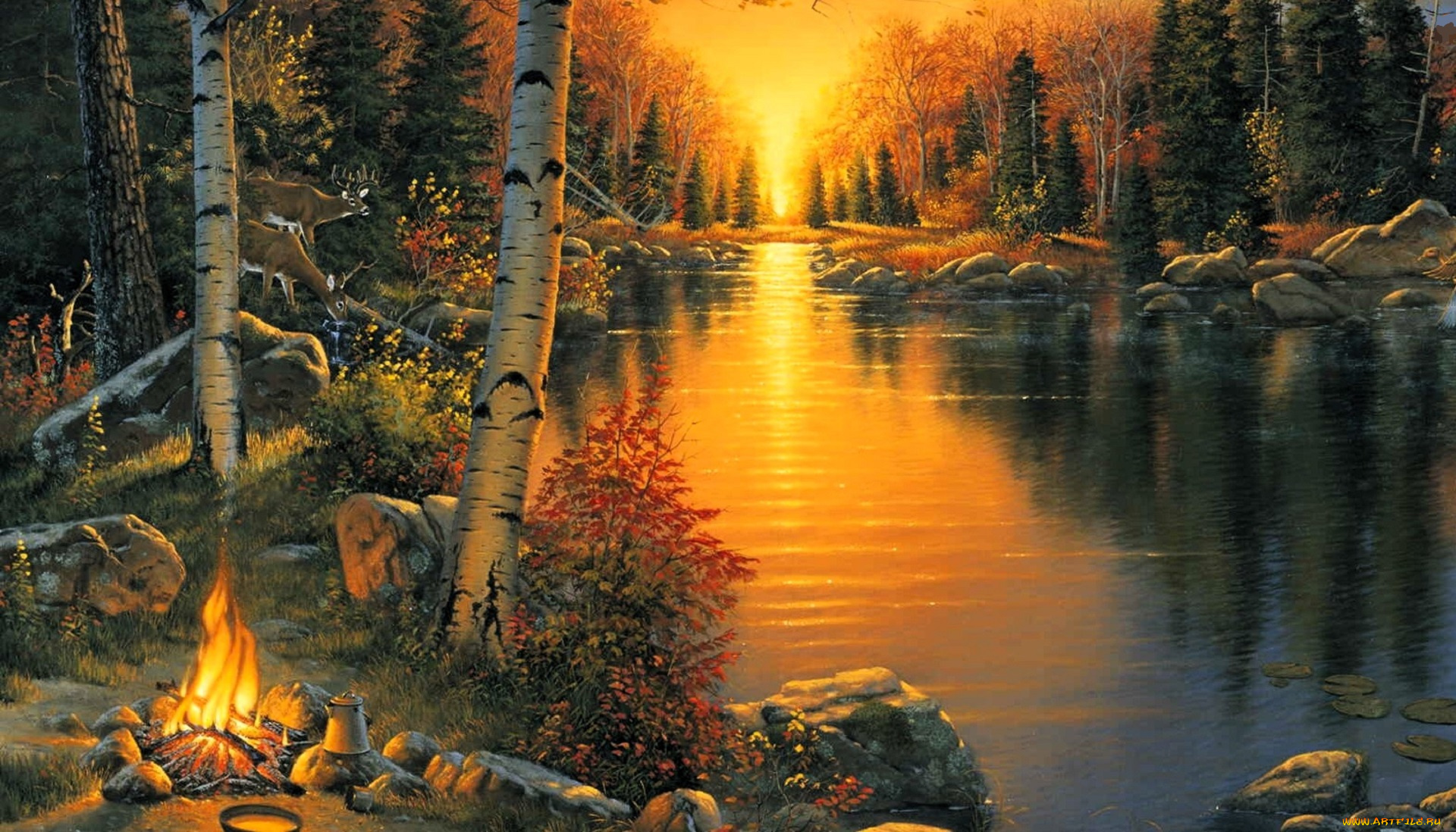 рисованное, природа, озеро, осень, лес, олени, костер