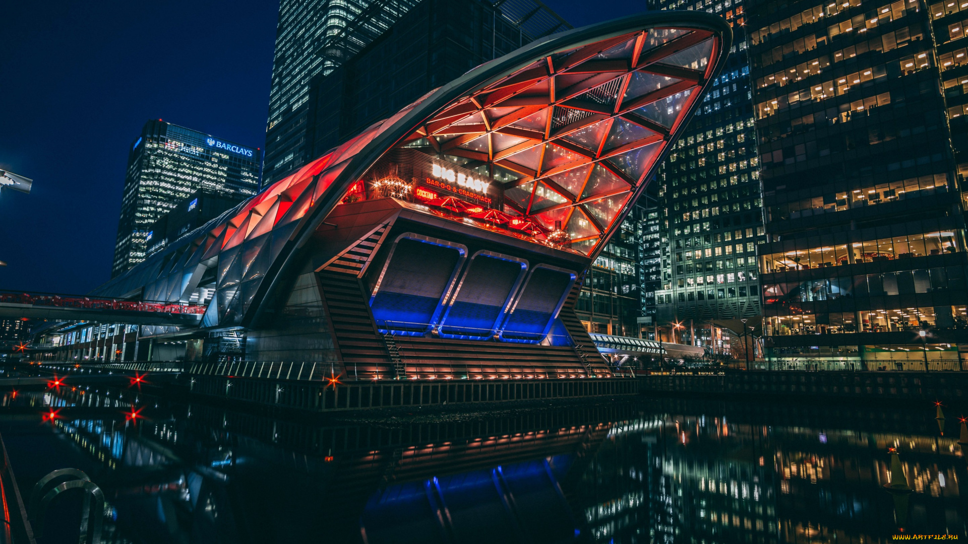 лондон, , великобритания, города, лондон, , великобритания, canary, wharf, ночь, огни, набережная, небоскребы