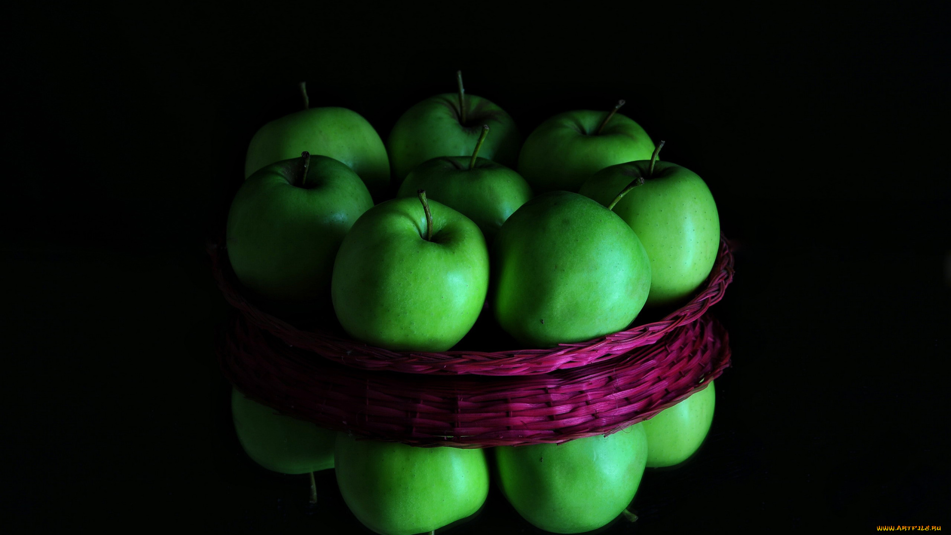 еда, яблоки, корзинка, зеленые, отражение