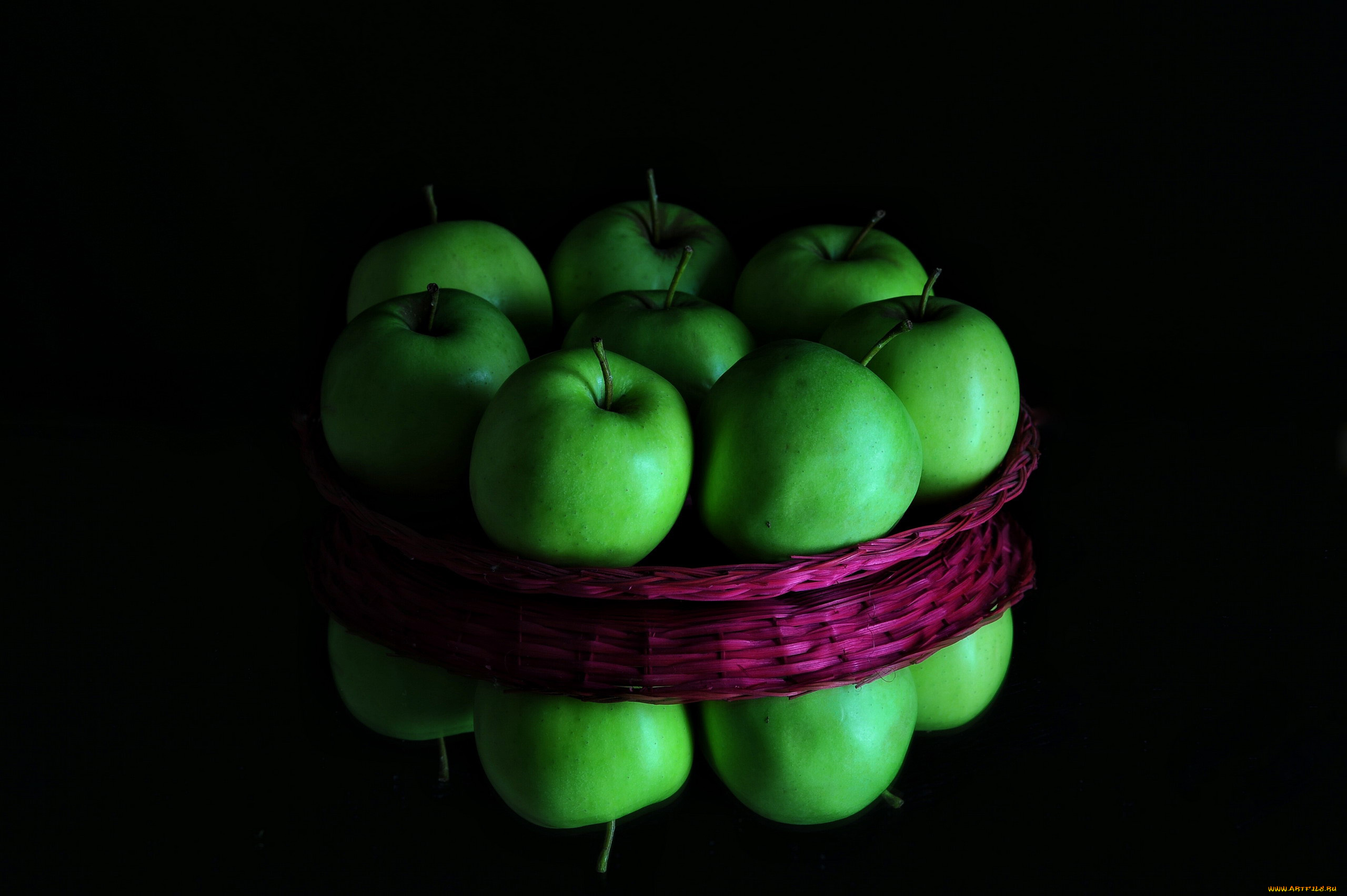 еда, яблоки, корзинка, зеленые, отражение