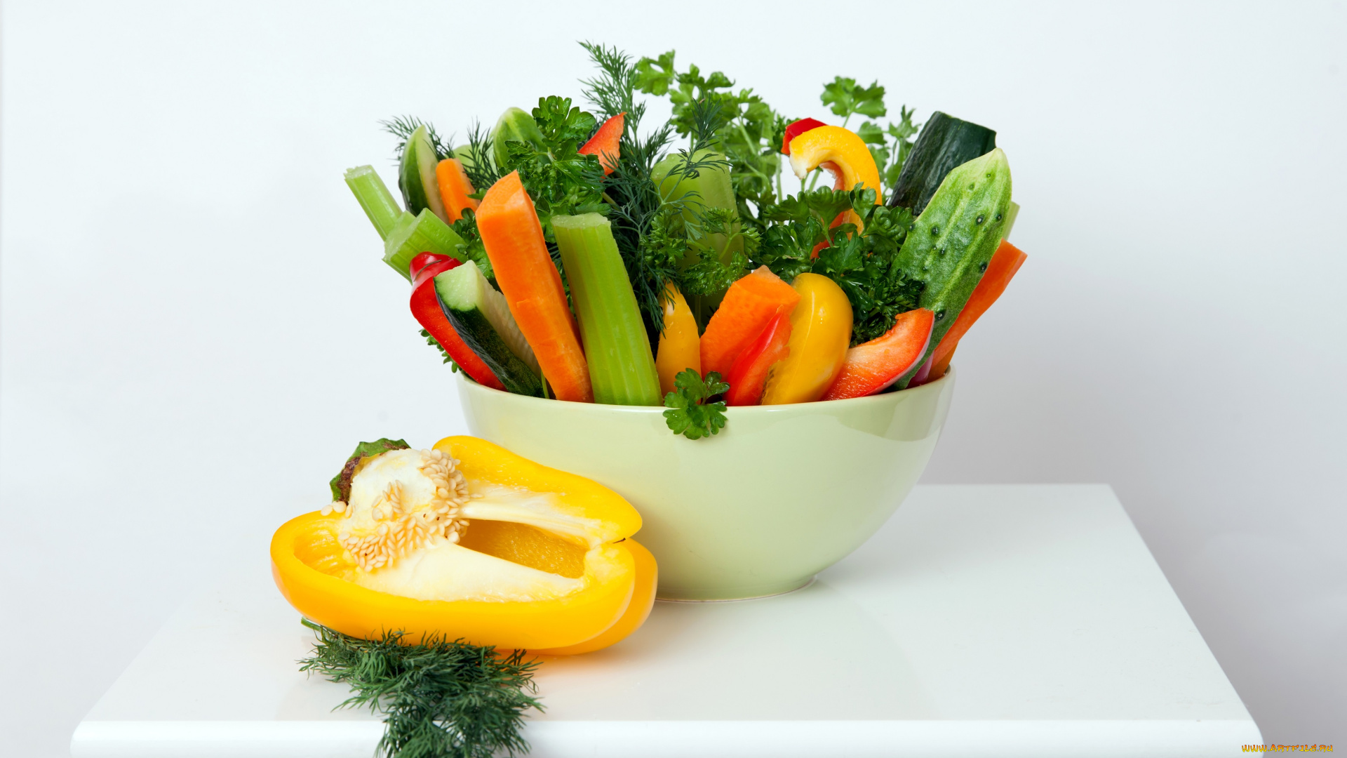 еда, овощи, укроп, перец, морковь, помидоры, огурец