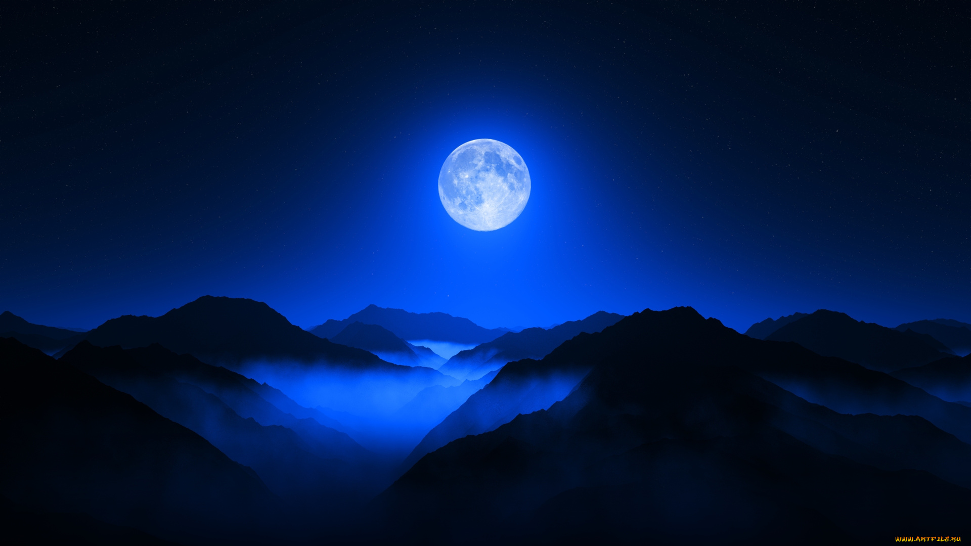 природа, горы, ночь, луна, туман